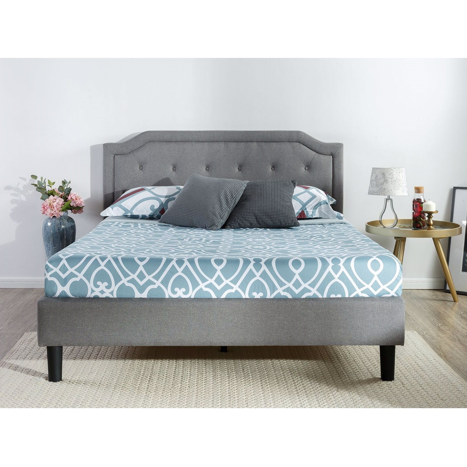 King size Grey Upholstered Platform Bed with Classic Button Tufted Headboard-0