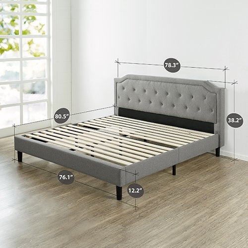 King size Grey Upholstered Platform Bed with Classic Button Tufted Headboard-1