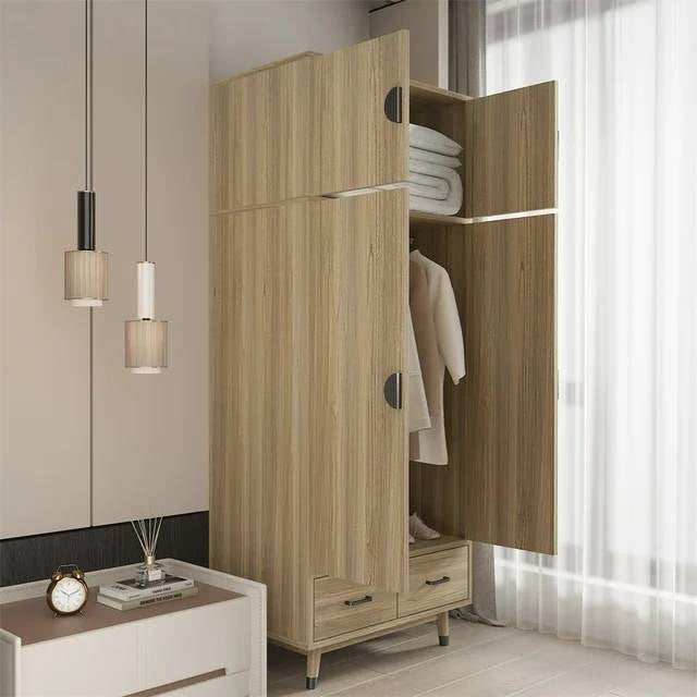 Modern 2-Door Armoire Wardrobe Cabinet with Hanging Rail in Natural Wood Finish-1