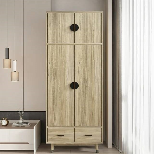 Modern 2-Door Armoire Wardrobe Cabinet with Hanging Rail in Natural Wood Finish-2