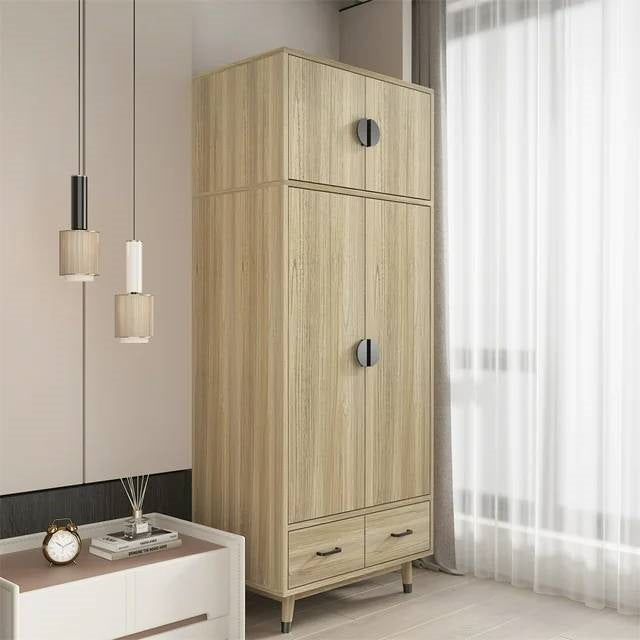 Modern 2-Door Armoire Wardrobe Cabinet with Hanging Rail in Natural Wood Finish-3