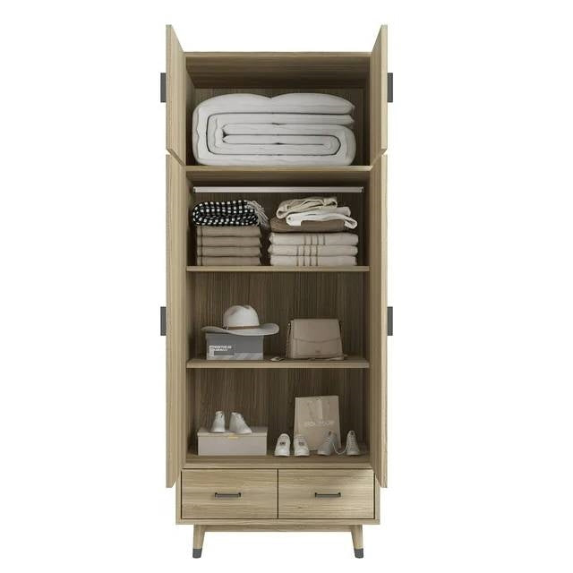 Modern 2-Door Armoire Wardrobe Cabinet with Hanging Rail in Natural Wood Finish-4