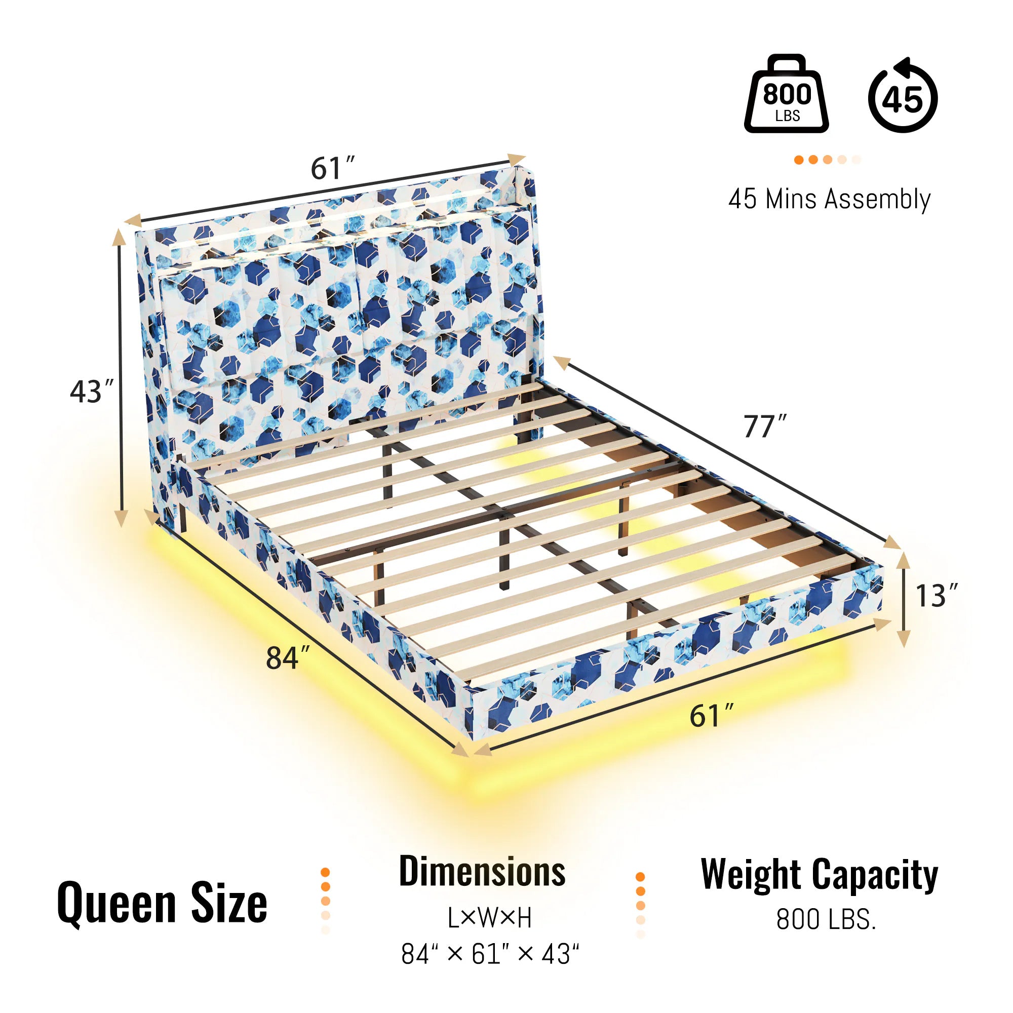 Queen Floating Bed Frame with LED Light and Charging Station