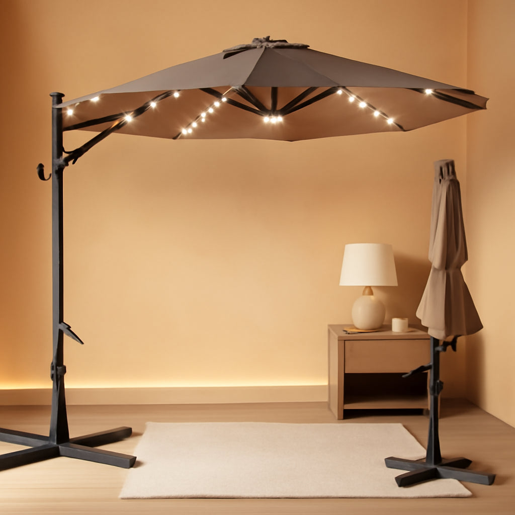 10 Foot Solar LED Cantilever Patio Umbrella With Lights Cross Base For Outdoor Use
