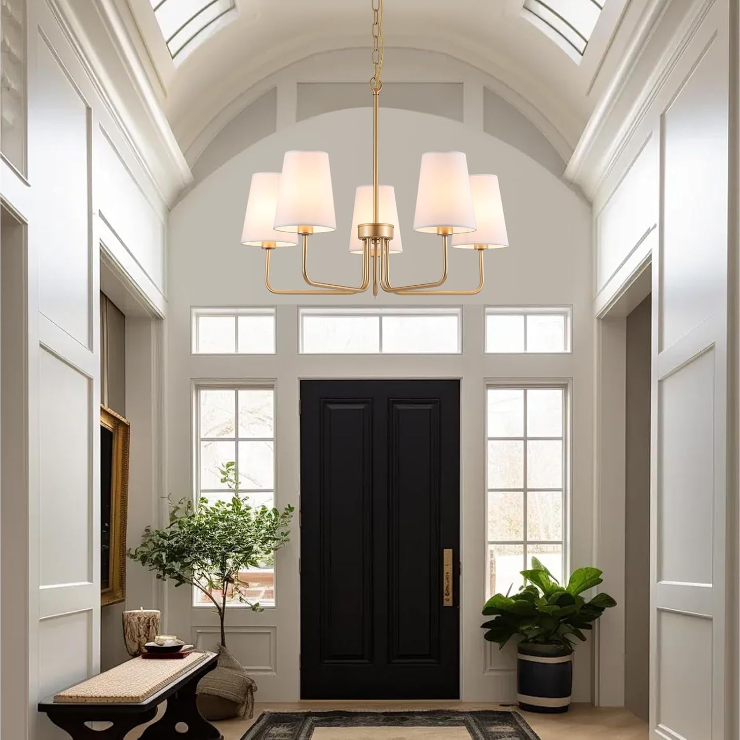 Farmhouse Five Light Gilded Chandelier White Shades-3