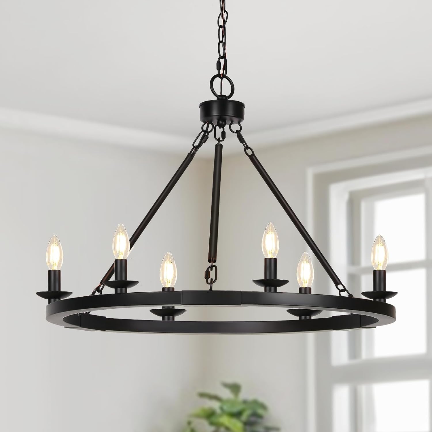 Black Farmhouse Wagon Wheel Chandelier 6 Light Adjustable-0