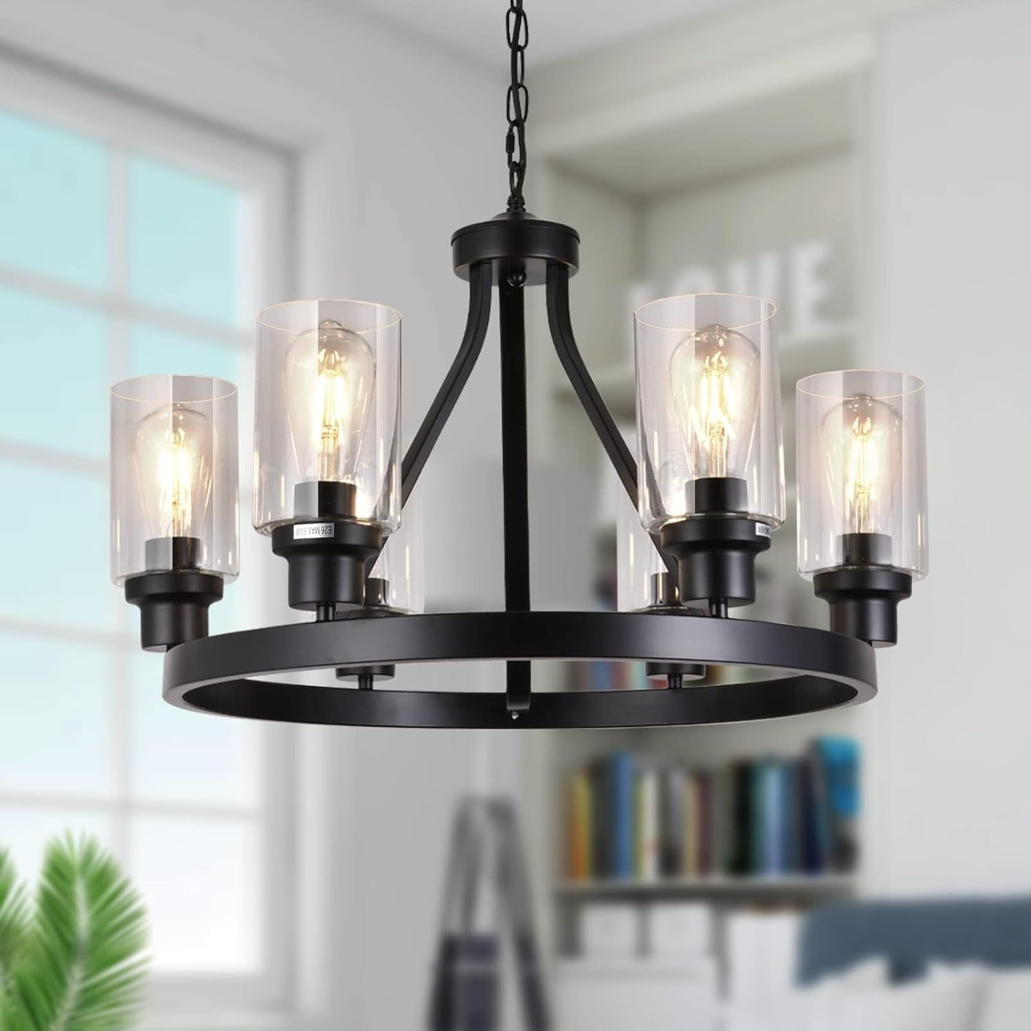 Six Light Farmhouse Black Metal Chandelier Adjustable-0