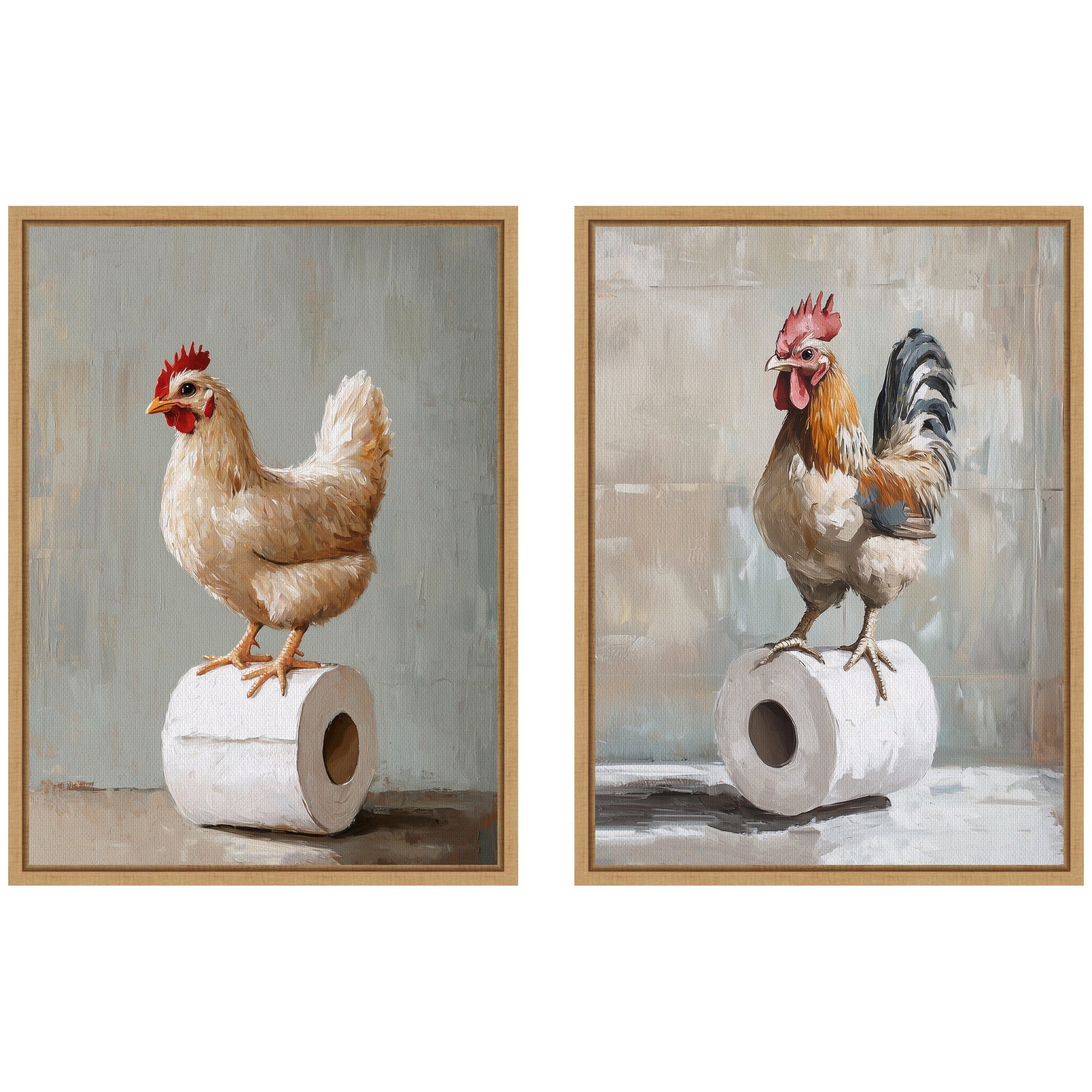 Sylvie Chicken and Rooster Bathroom Art Framed Canvas Art Set by The Creative Bunch Studio