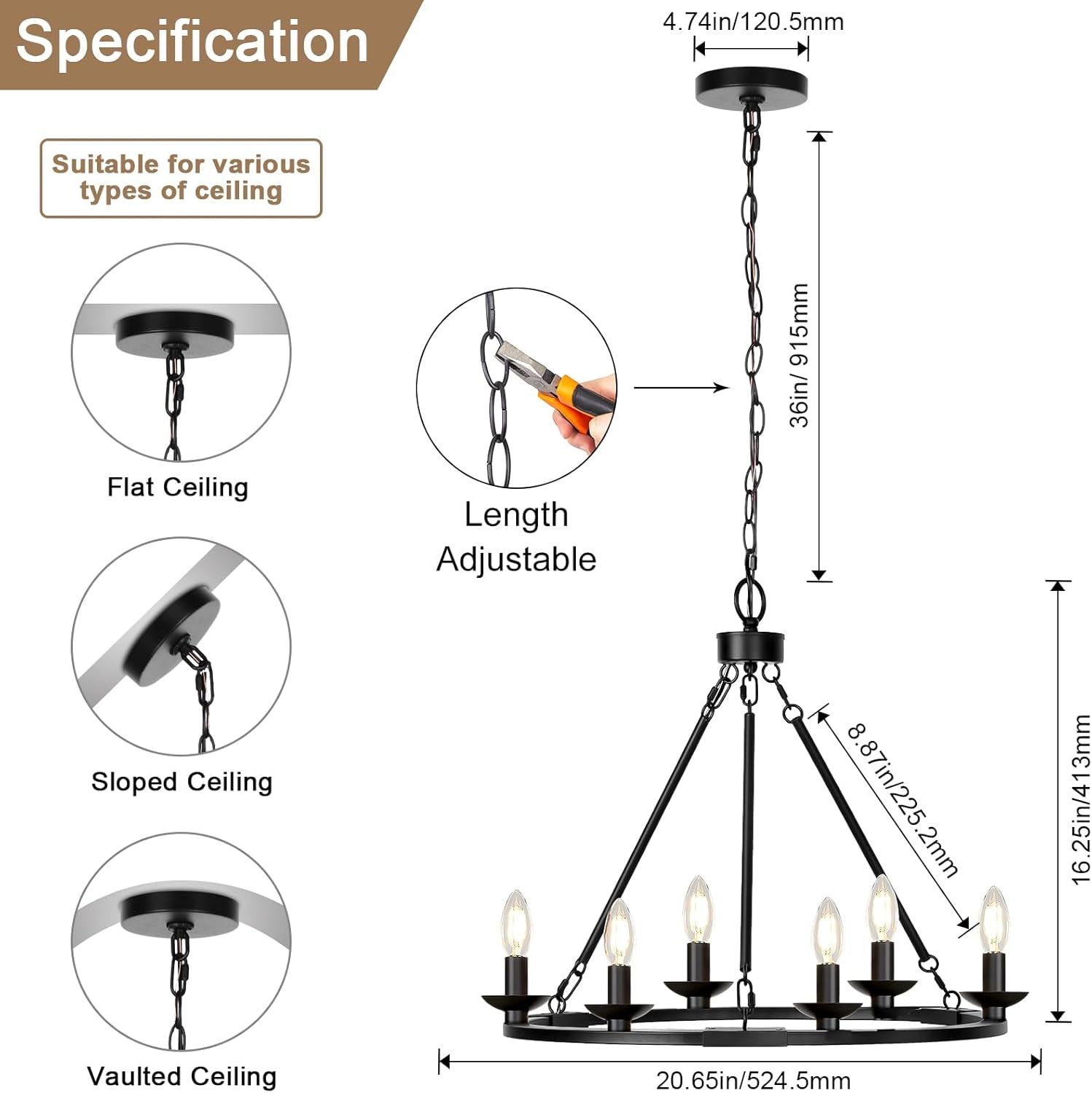 Black Farmhouse Wagon Wheel Chandelier 6 Light Adjustable-1