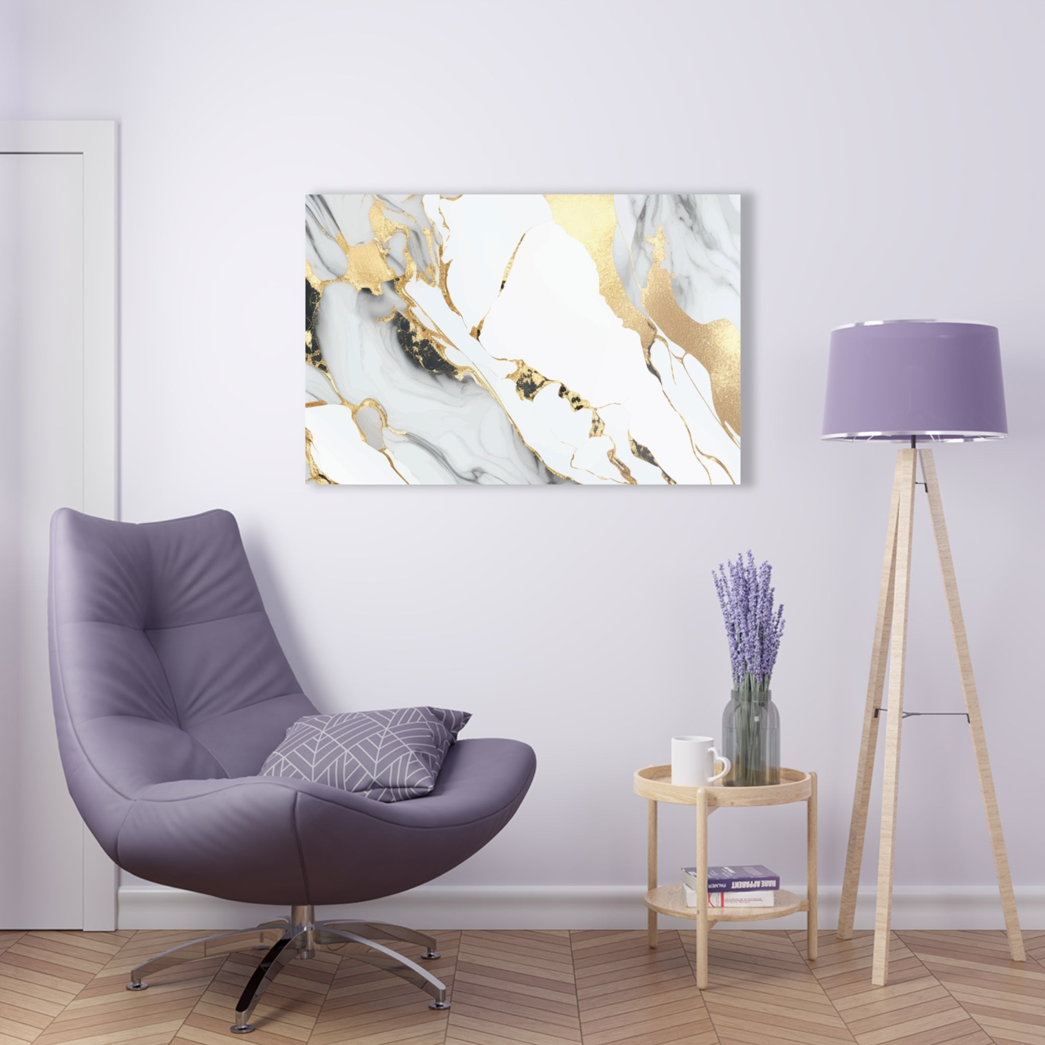 Gray Gold White marble print, glass wall art