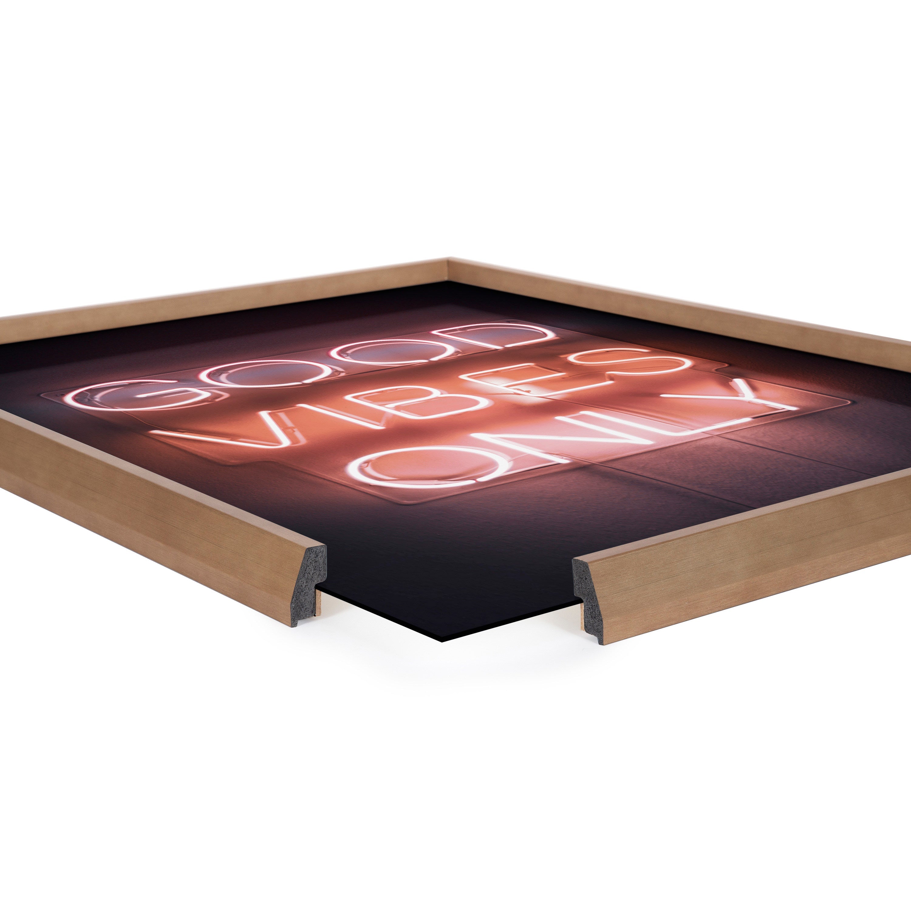 Blake Good Vibes Only Neon Sign Framed Printed Glass by The Creative Bunch Studio