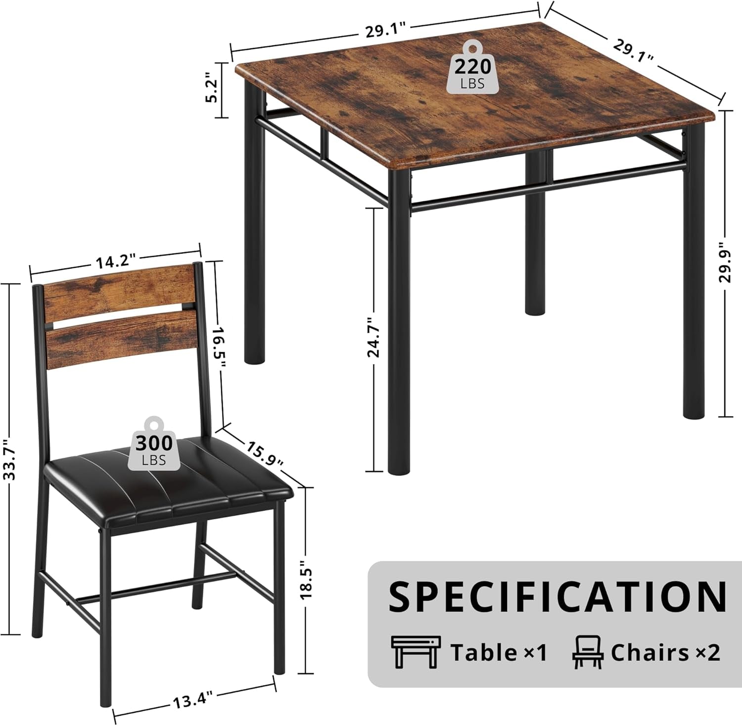 Space Saving Dining Table Set For Two Rustic Brown Finish