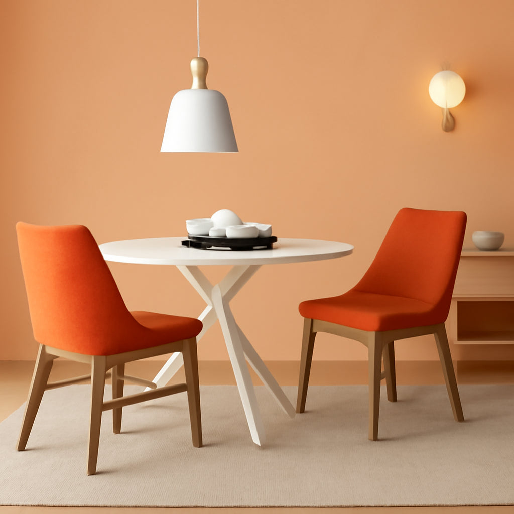 Orange Fabric and Walnut Wood Dining Side Chairs Set of 2