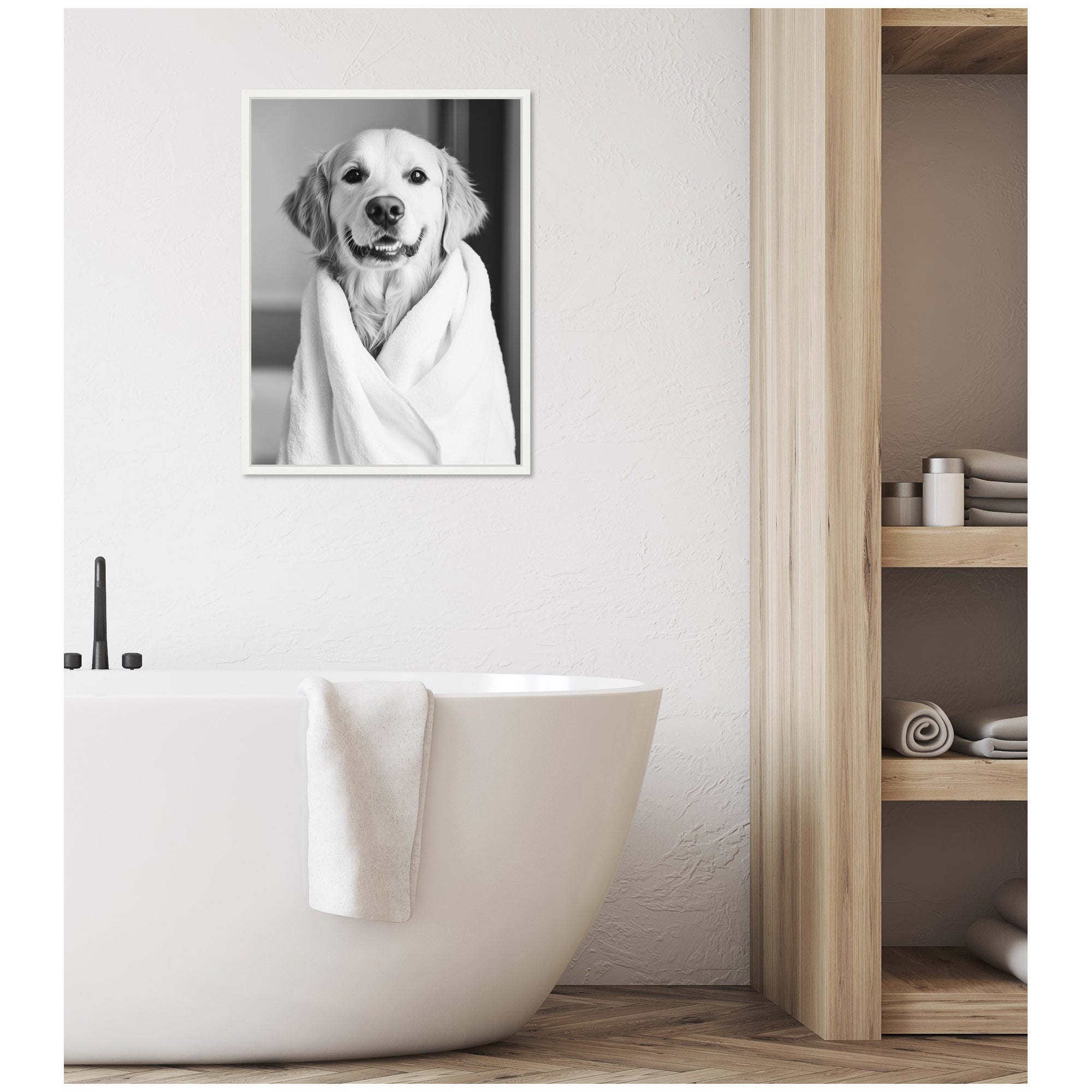 Sylvie Golden Retriever Bathroom Towel Robe Black and White Framed Canvas by The Creative Bunch Studio