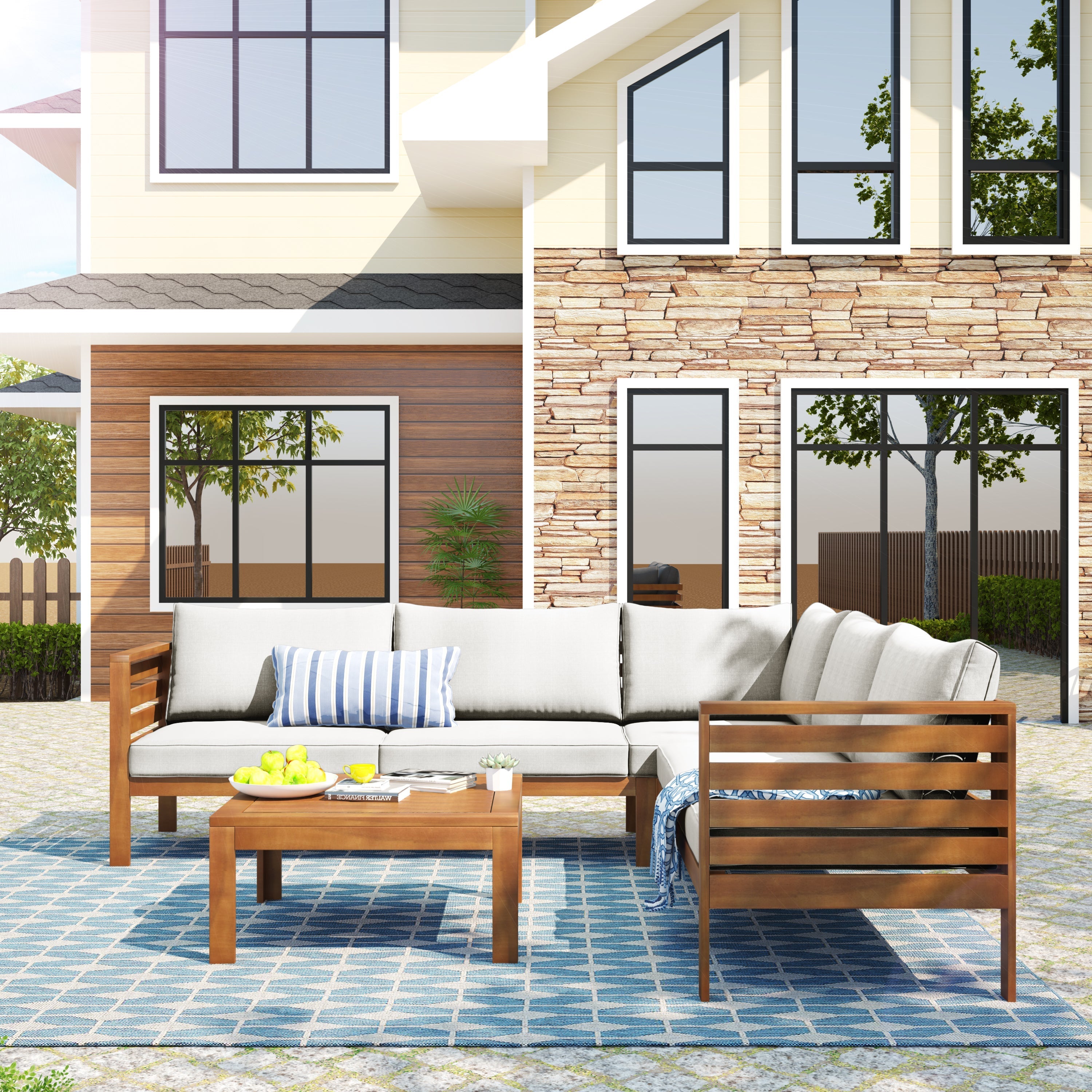 Wood Structure Outdoor Sofa Set with Beige Cushions