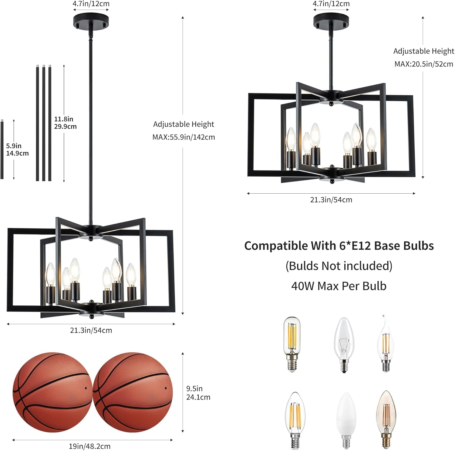 Black Adjustable 6 Light Pendant Chandelier For Dining Room-3
