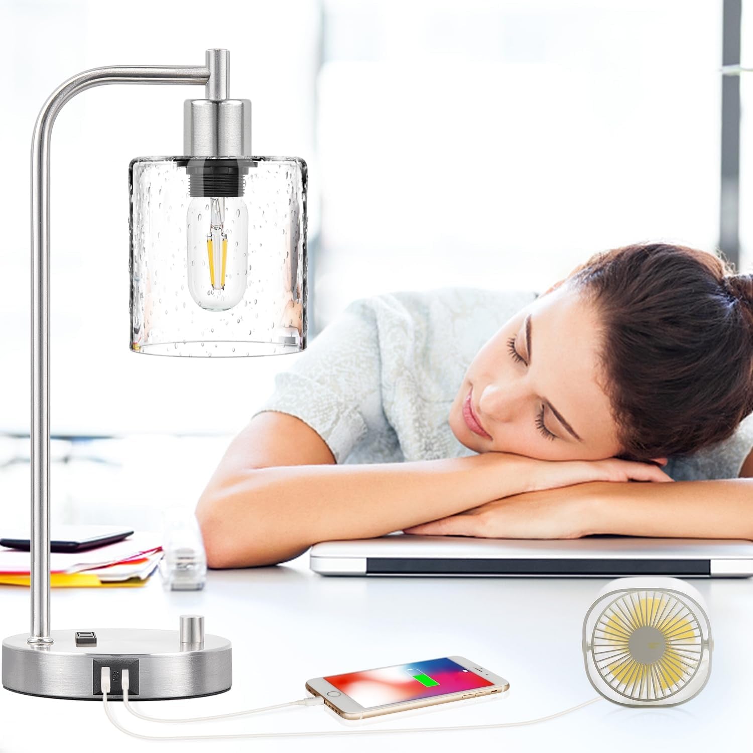 Set Of 2 Industrial Table Lamps With Glass Shade And Stepless Dimming