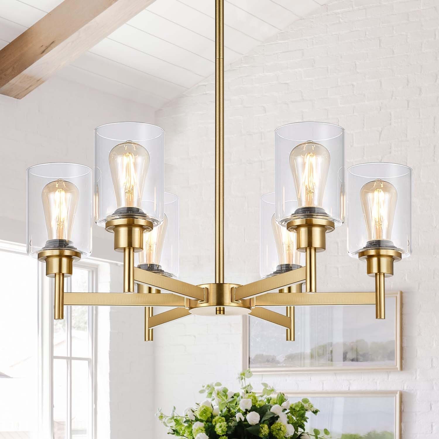 Brushed Gold Six Light Farmhouse Crystal Chandelier-0
