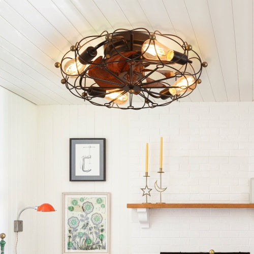 Low Profile Cage Ceiling Fan With Light Remote Control, Built-in Modern Industrial Ceiling Fan