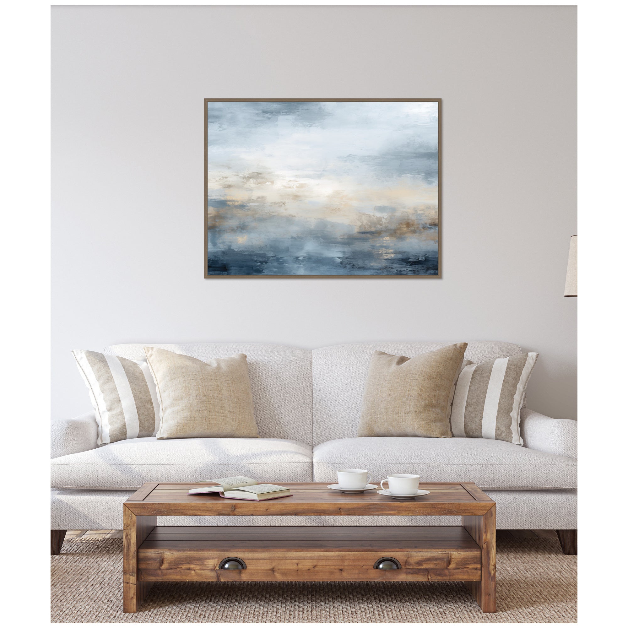 Sylvie Tonal Abstract Oceanic Nautical Serenity Blue Horizontal Framed Canvas by The Creative Bunch Studio