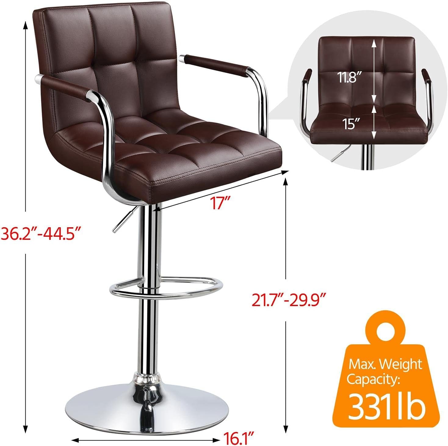 Adjustable Bar Stools Set Of 2 360 Swivel Brown PU Leather