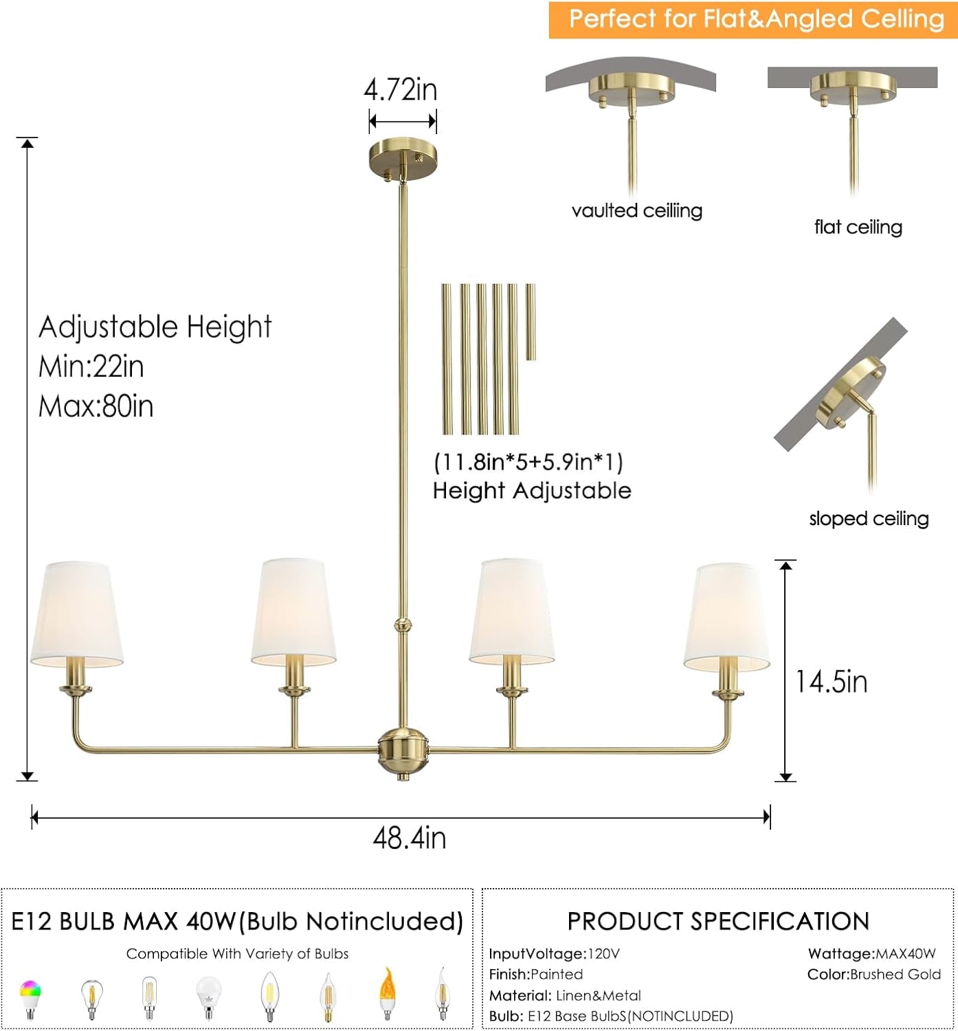 Brushed Gold 4 Lighting Chandelier Height Adjustable-2