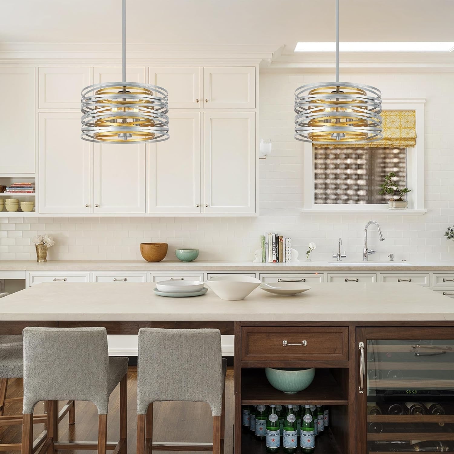 12.6-Inch Silver Drum Pendant Chandelier with Gold Interior Design