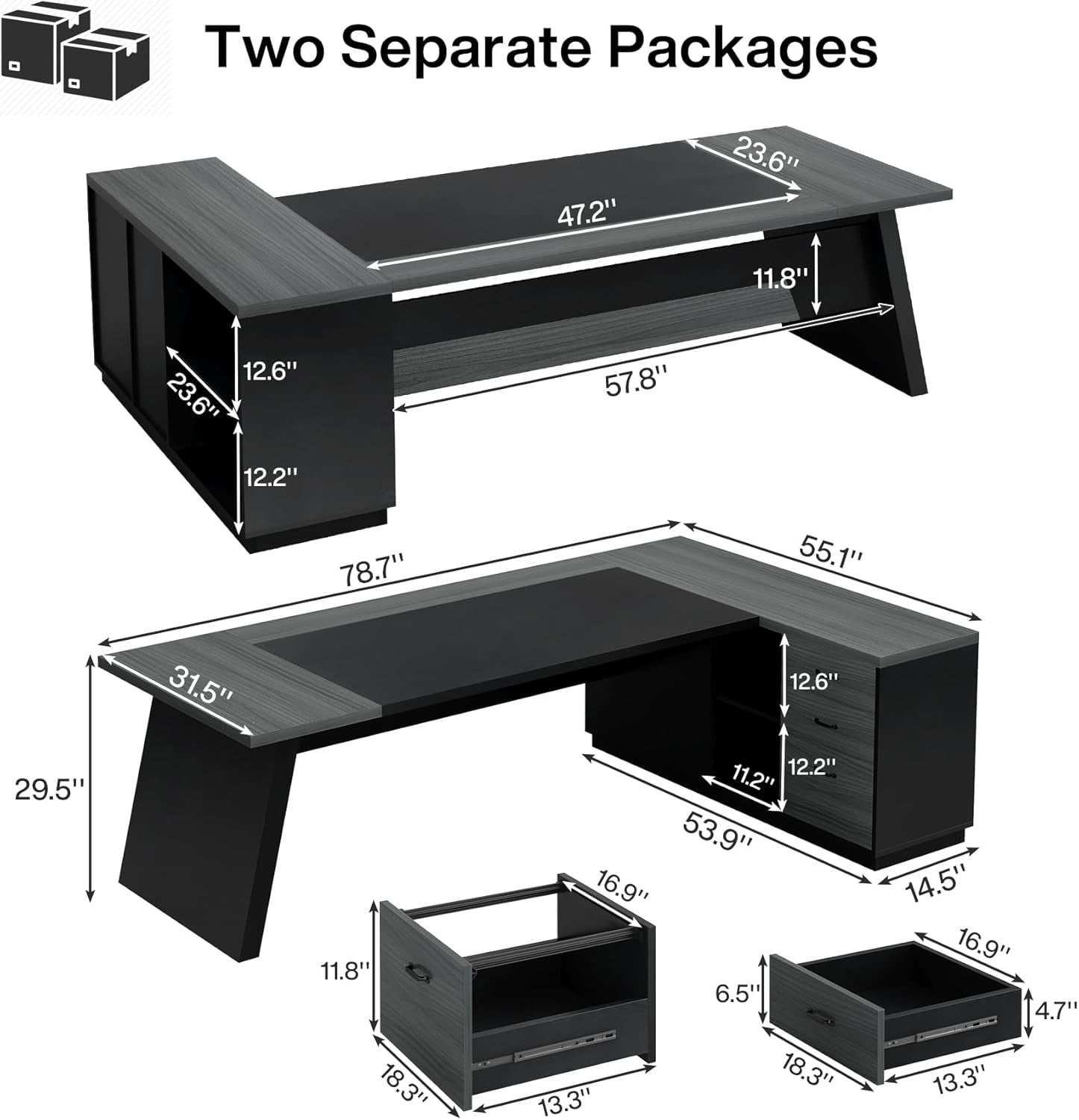 78 Inch L Shaped Desk With Drawers And File Cabinet Grey