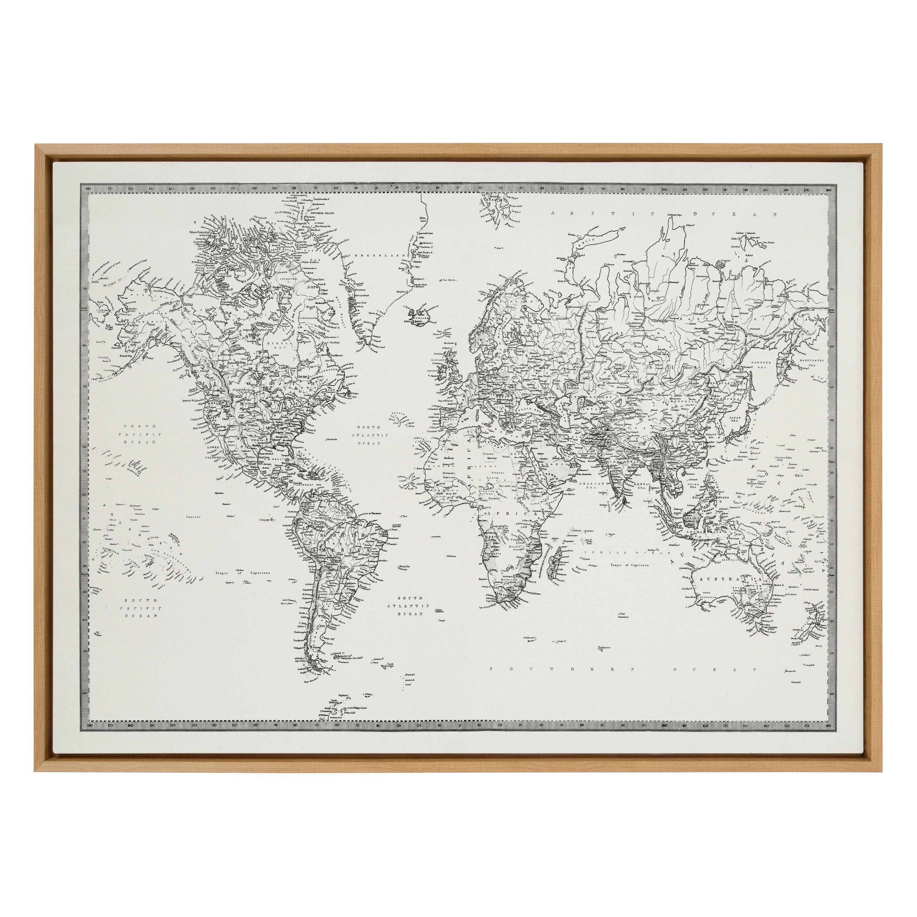 Sylvie Vintage Black and White World Map Framed Canvas by The Creative Bunch Studio
