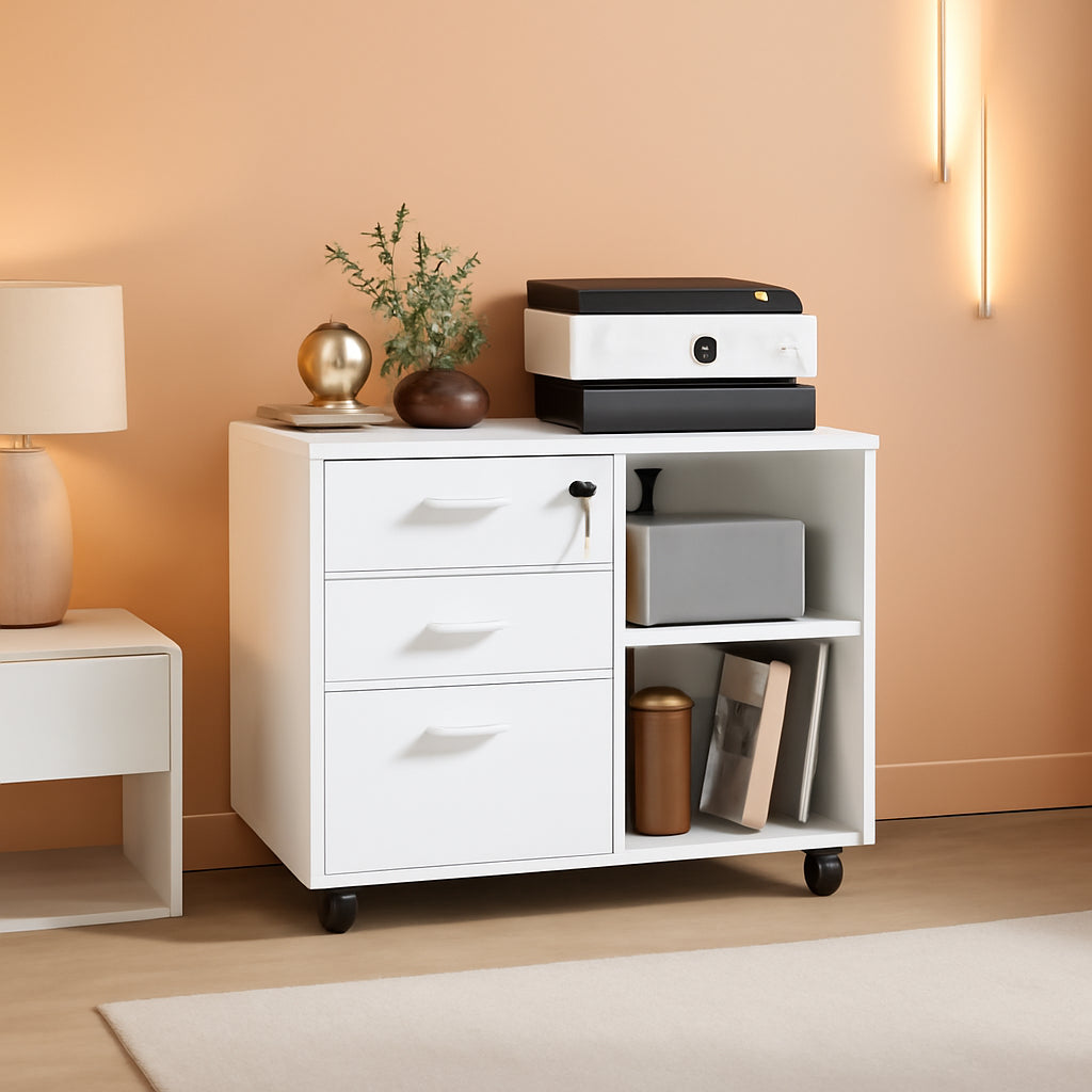 Three Drawer File Cabinet With Printer Stand Locking Wheels