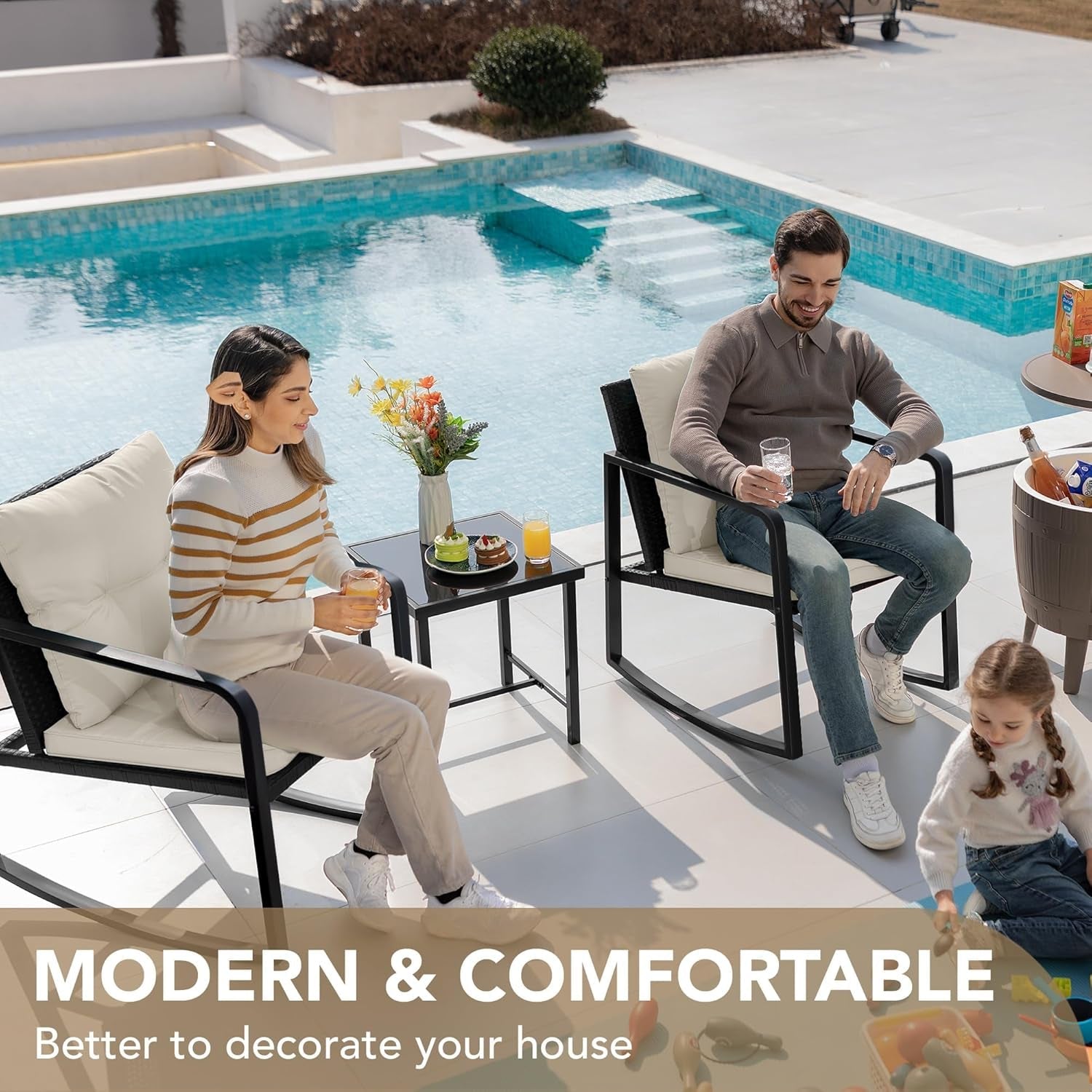 Beige 3 Piece Rocking Patio Bistro Set With Tempered Glass Coffee Table For Outdoor Furniture