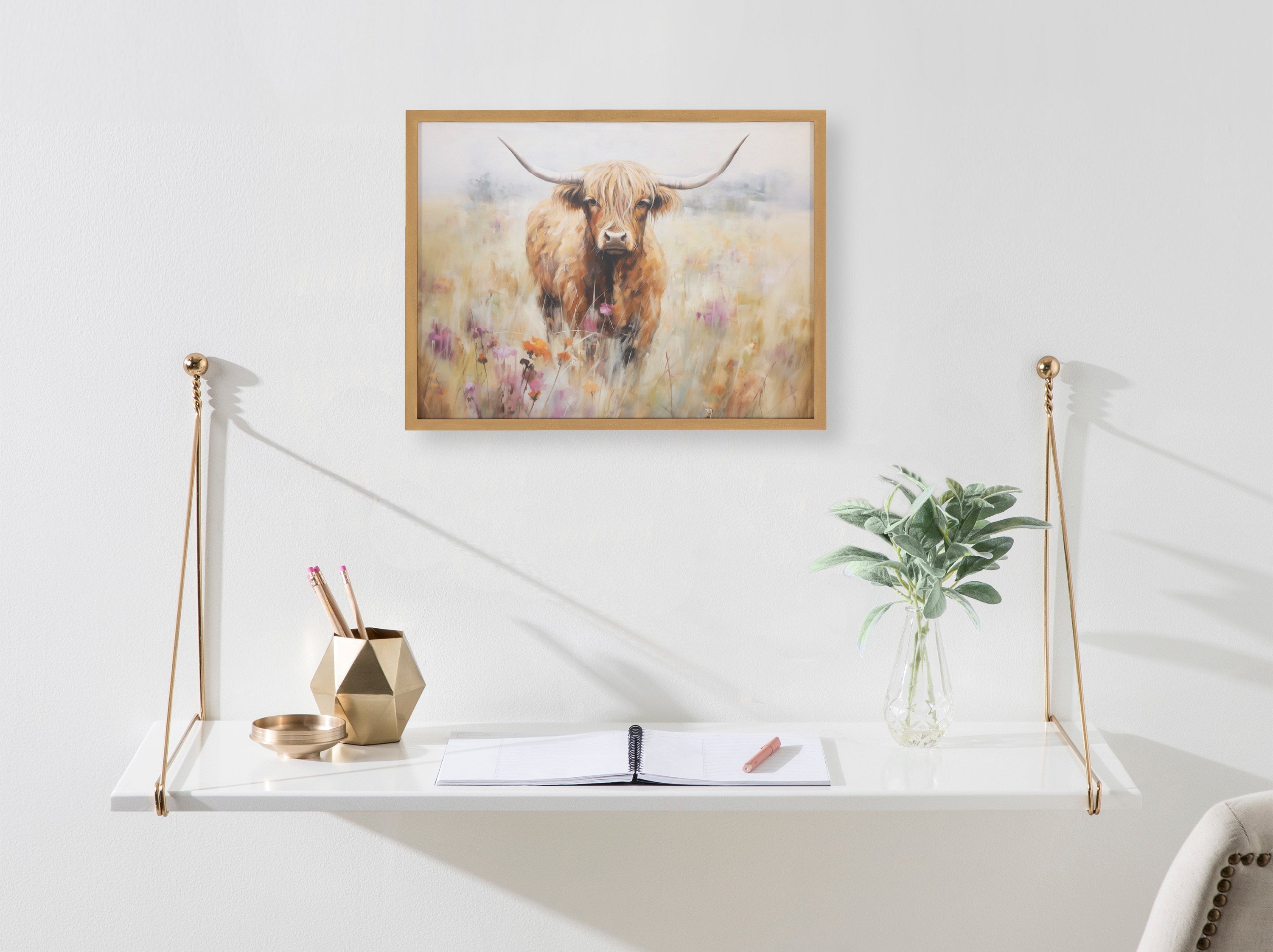 Gallery Highland Cow in a Flower Field Landscape Print by The Creative Bunch Studio