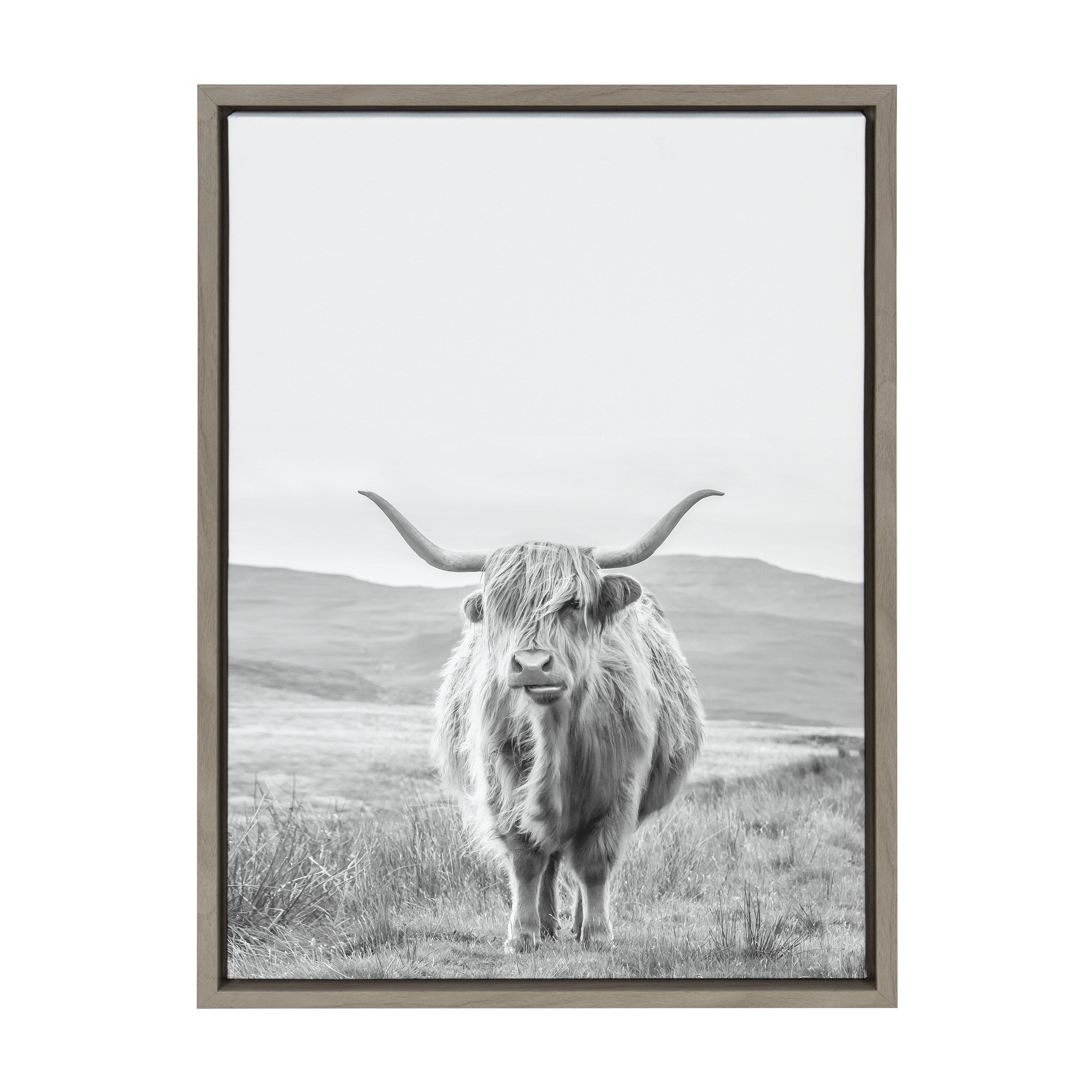 Sylvie Highland Cow Mountain Landscape Black and White Framed Canvas by The Creative Bunch Studio