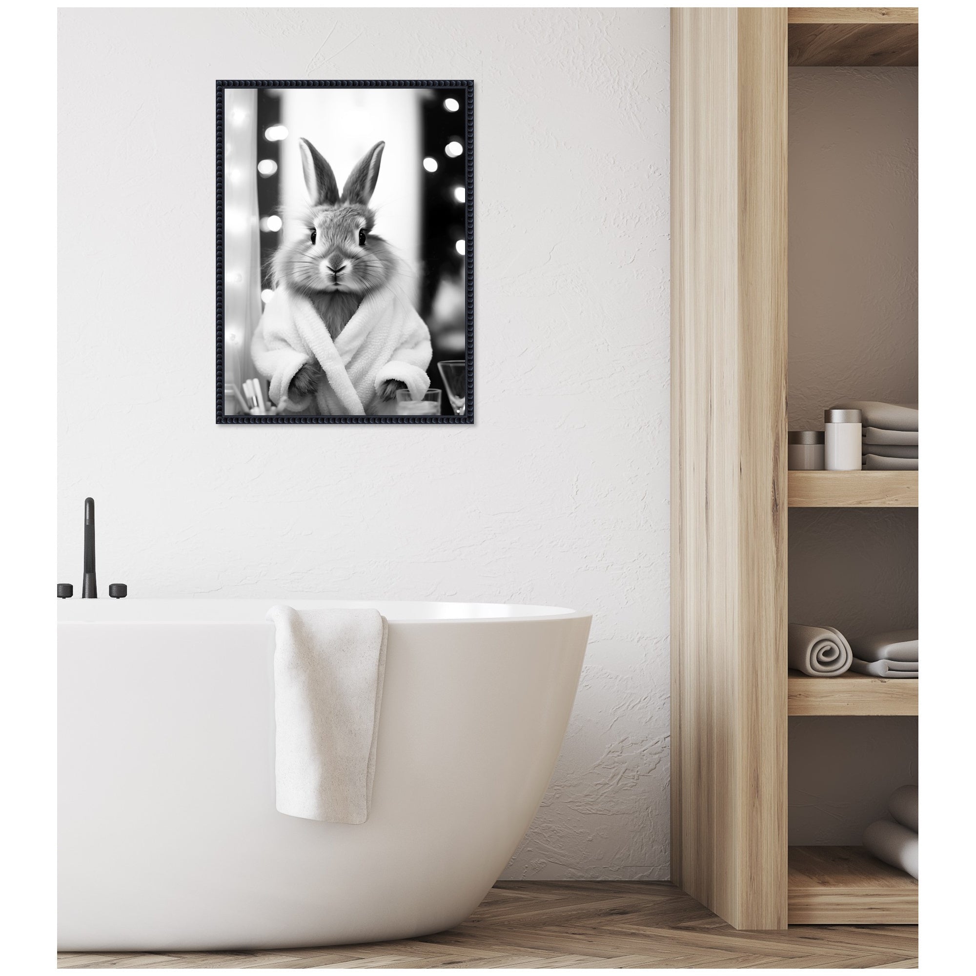 Sylvie Bunny Glam Bathroom Art Towel Robe Black and White Framed Canvas by The Creative Bunch Studio