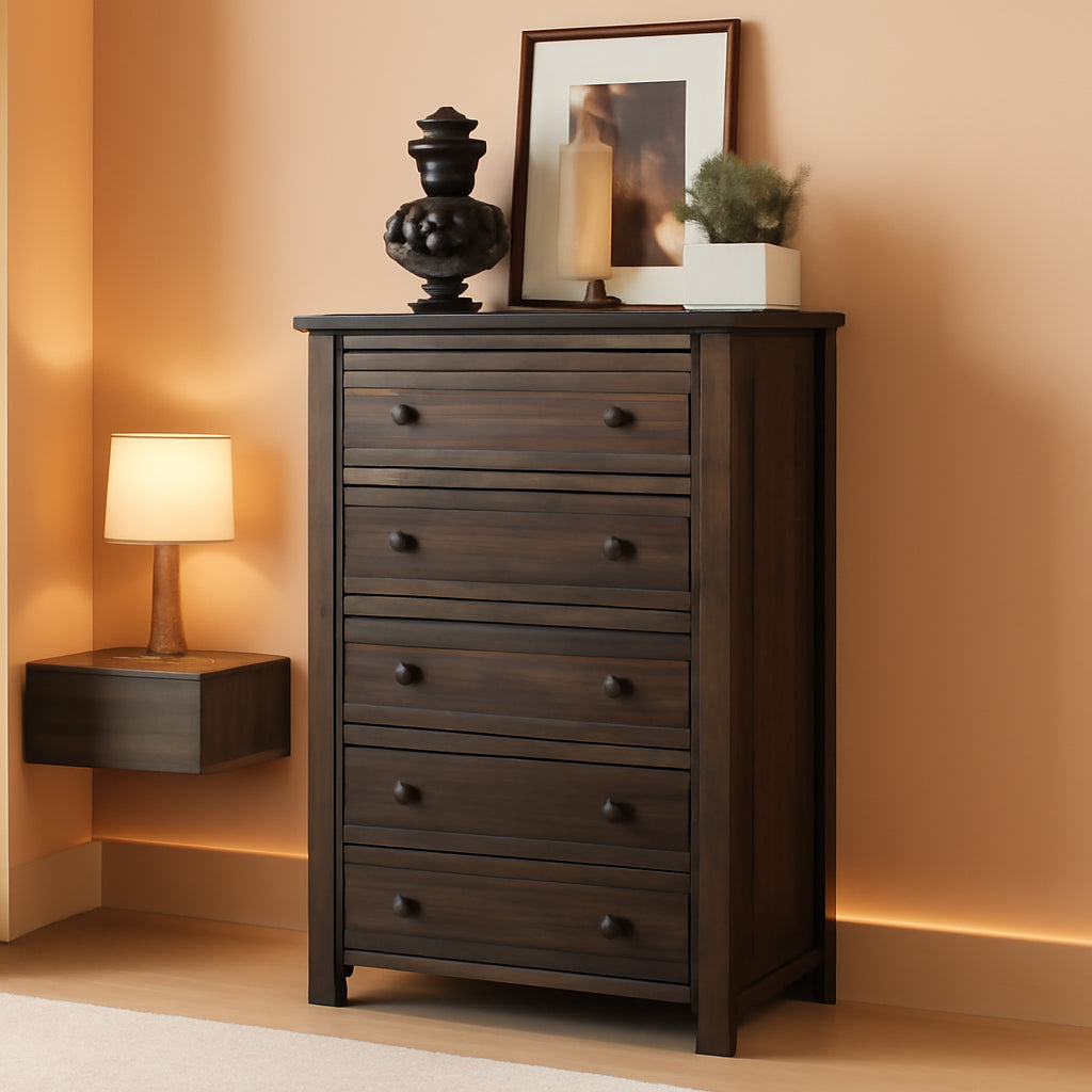 Dark Rustic Oak Five Drawer Dresser Bedroom Storage
