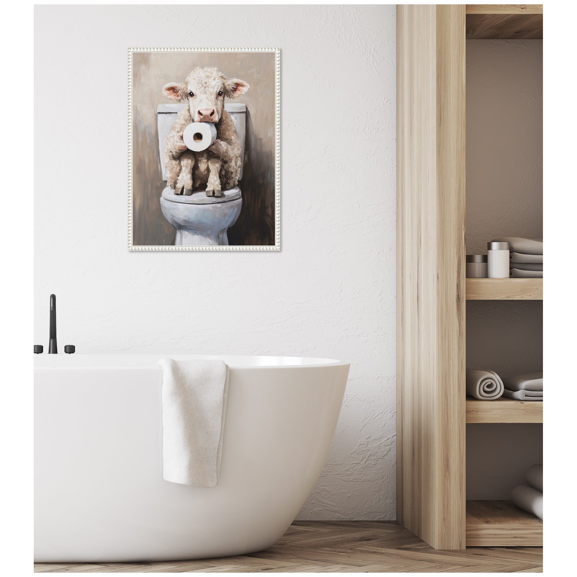 Sylvie Cute Cow Toilet Paper Roll Toilet Bathroom Art Framed Canvas by The Creative Bunch Studio