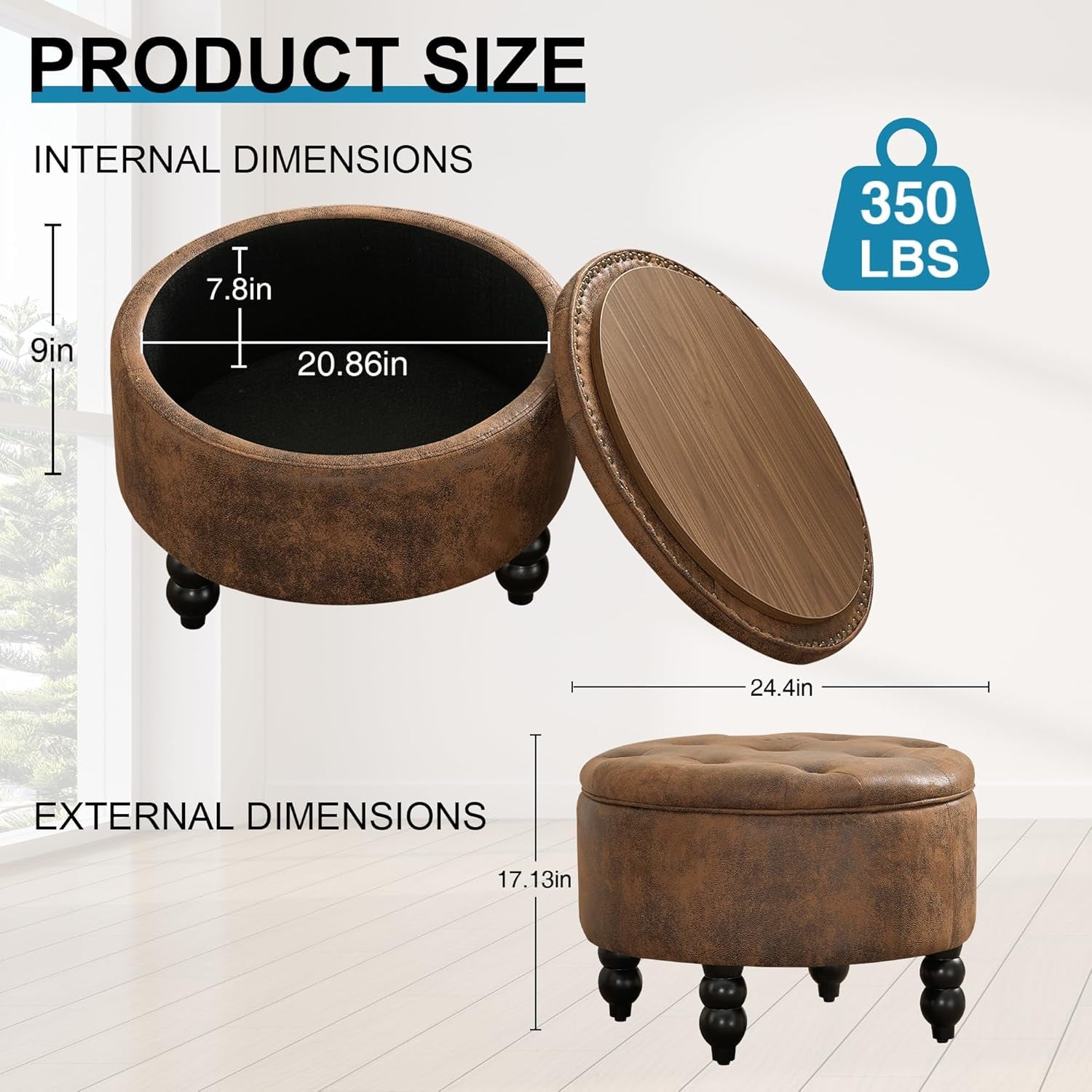 24 Inch Upholstered Storage Ottoman Featuring Tray