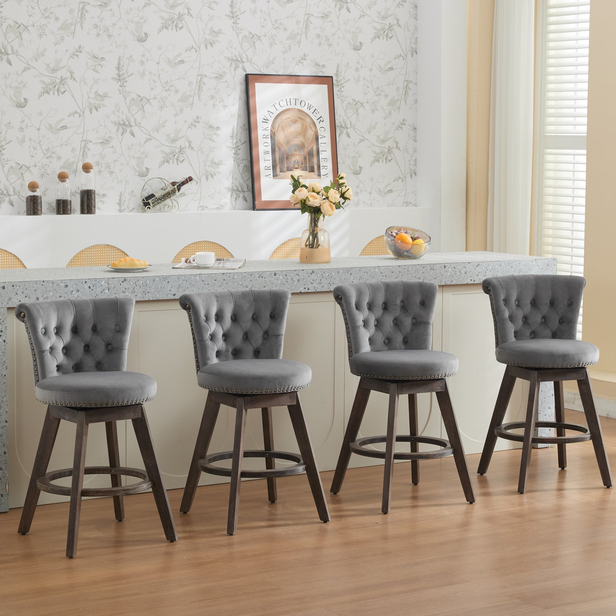 26" Counter Height Bar Stools Set of 2 with 360° Swivel and Velvet Upholstery