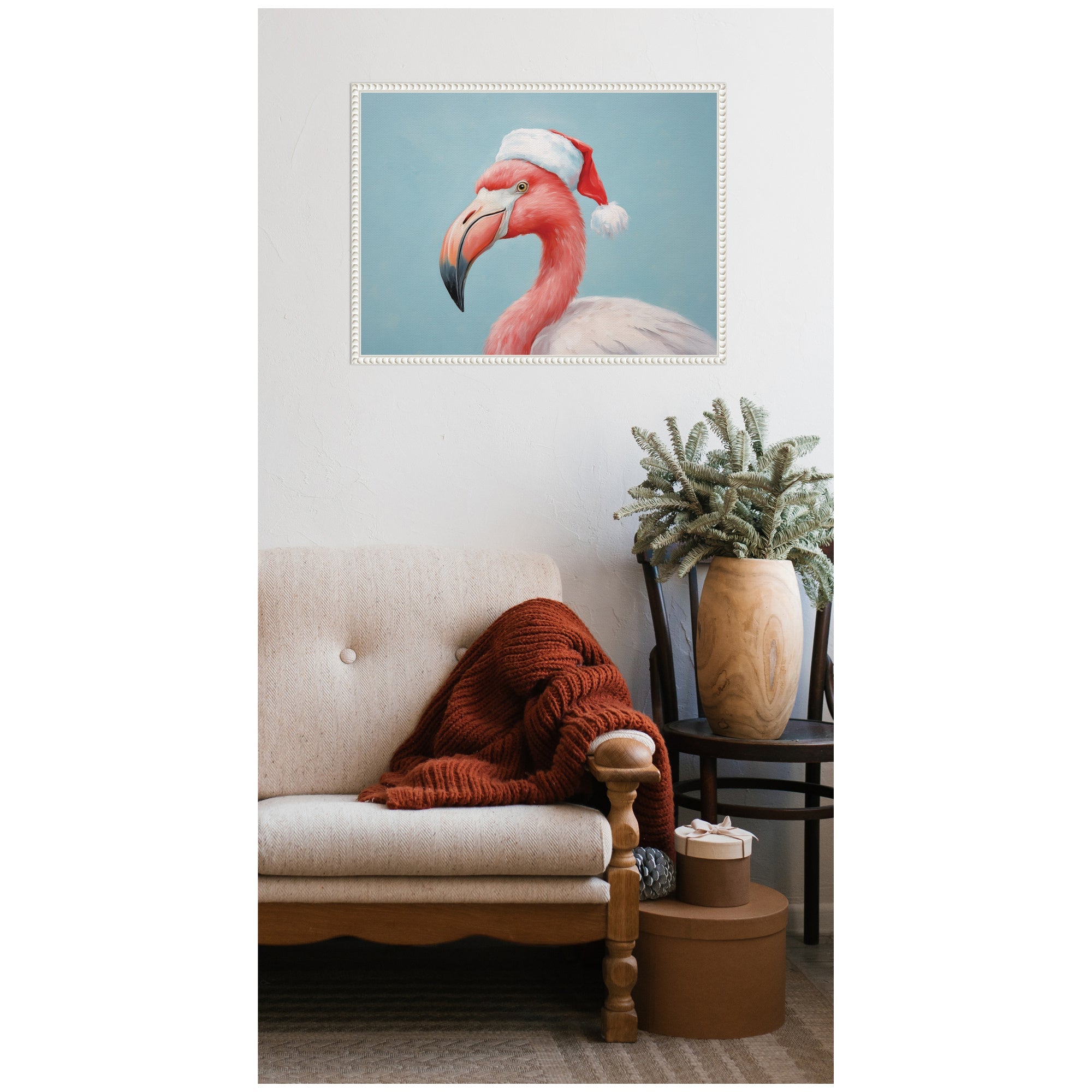 Sylvie Beaded Flamingo Santa Hat Portrait Framed Canvas by The Creative Bunch Studio