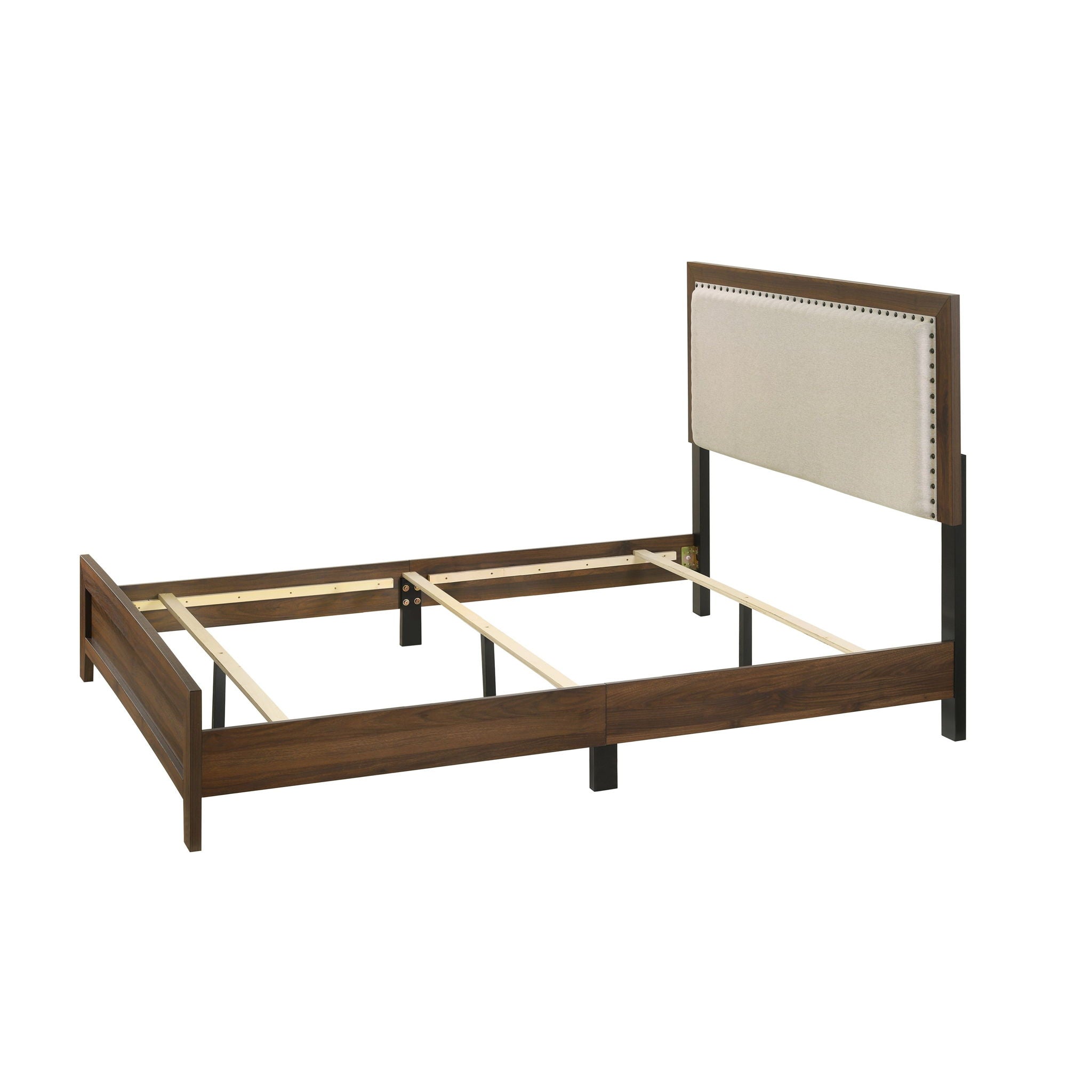 Panel Bed With Fabric Upholstered Tufted Nailhead Trim Headboard