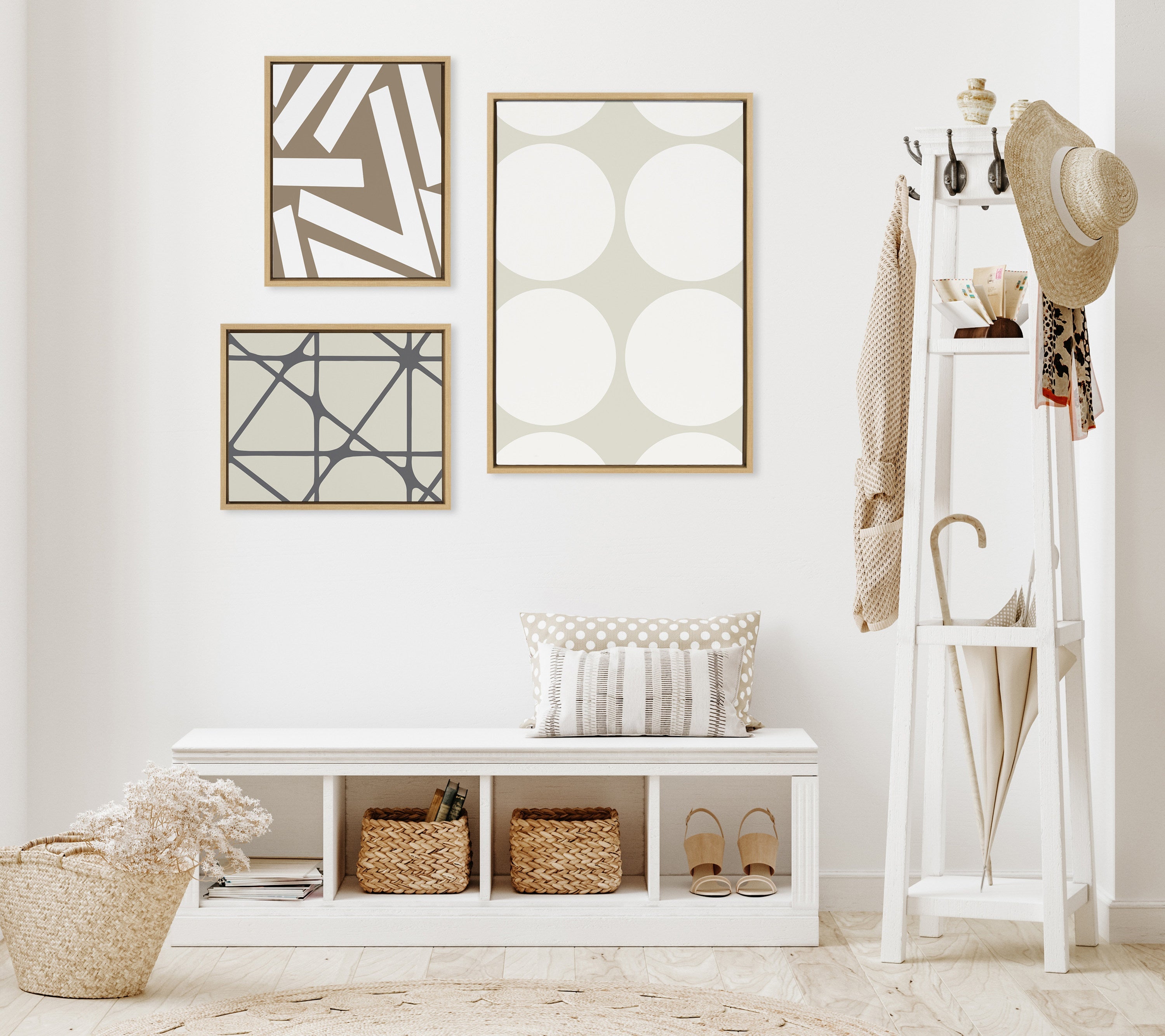 Sylvie Elevated Modern Neutral Dots, Neutral Pattern No 2 and Neutral Stained Glass Framed Canvas by The Creative Bunch Studio