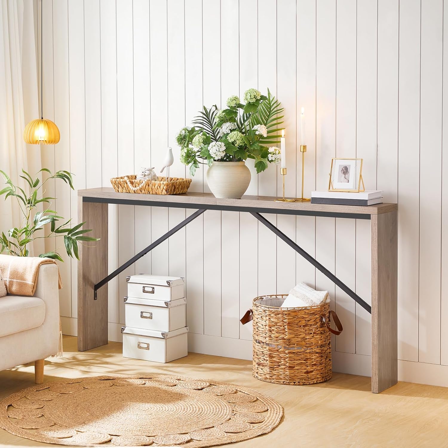 62.2 Inch Greige Industrial Console Table For Entryway