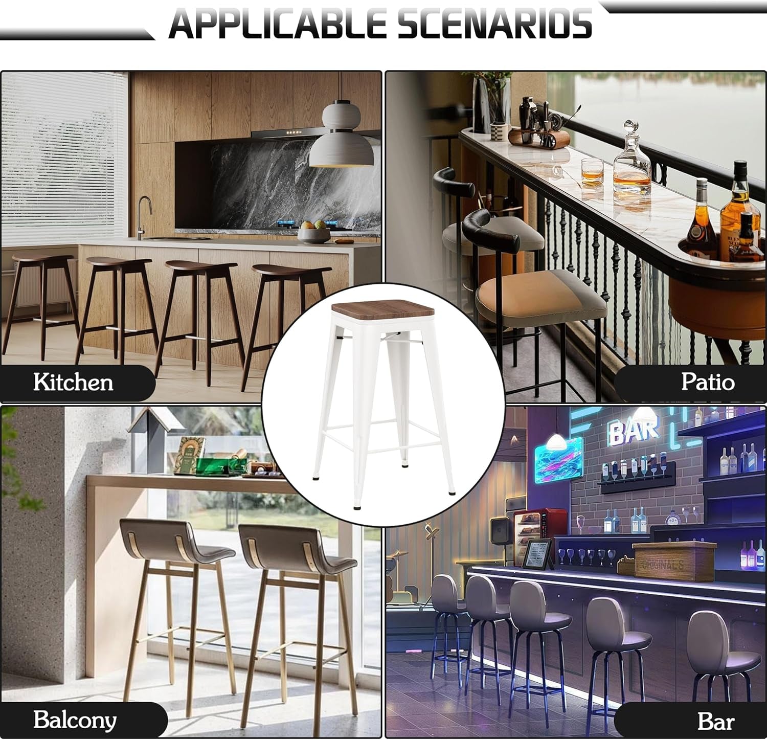 Metal Bar Stools Set of Four Backless Stackable Design