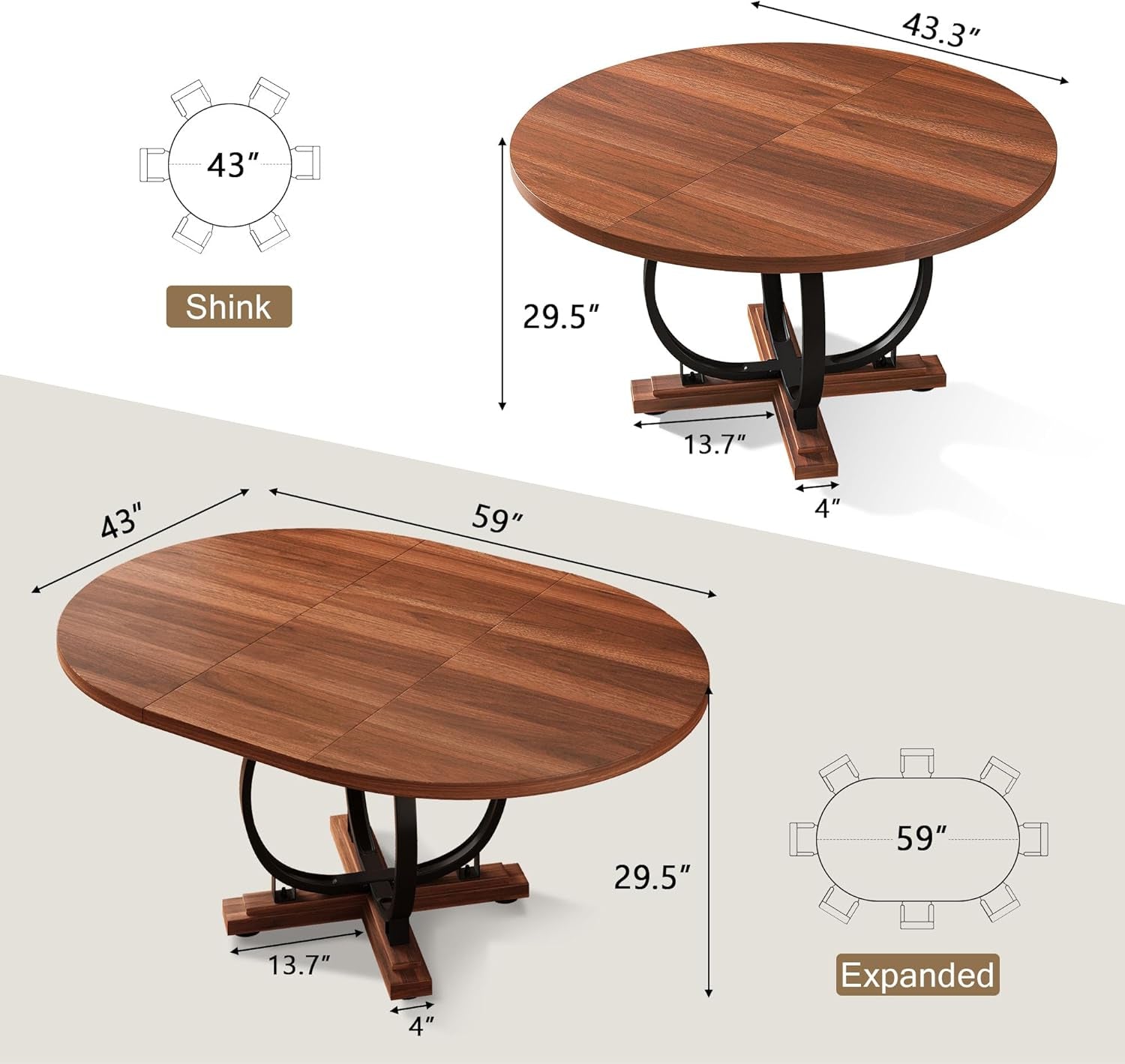 Walnut 59 Inch Fully Extendable Oval Dining Table