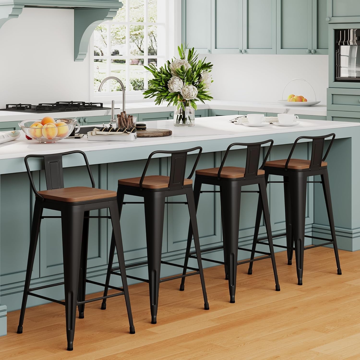 30 Inch Low Back Metal Barstools With Wooden Seat