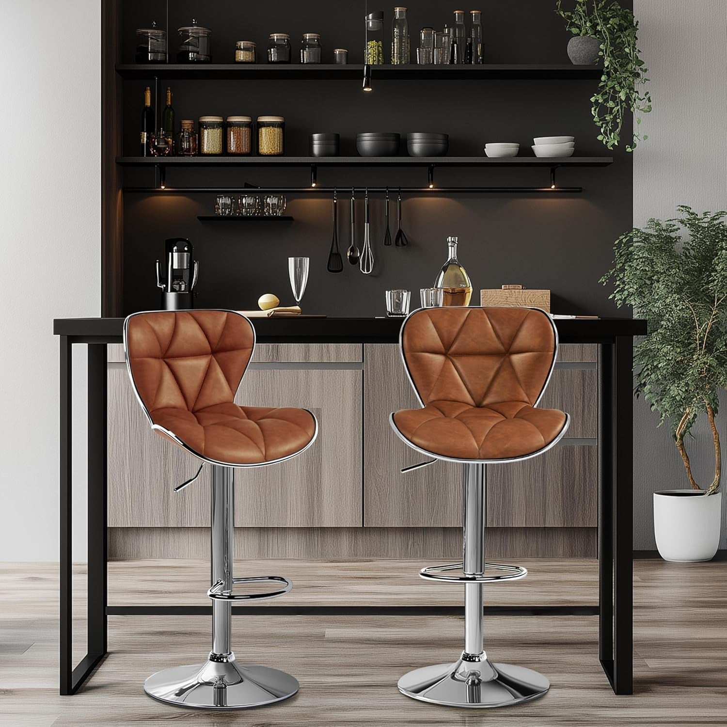 Bar Stools Set Of 2 PU Leather Swivel Adjustable Brown
