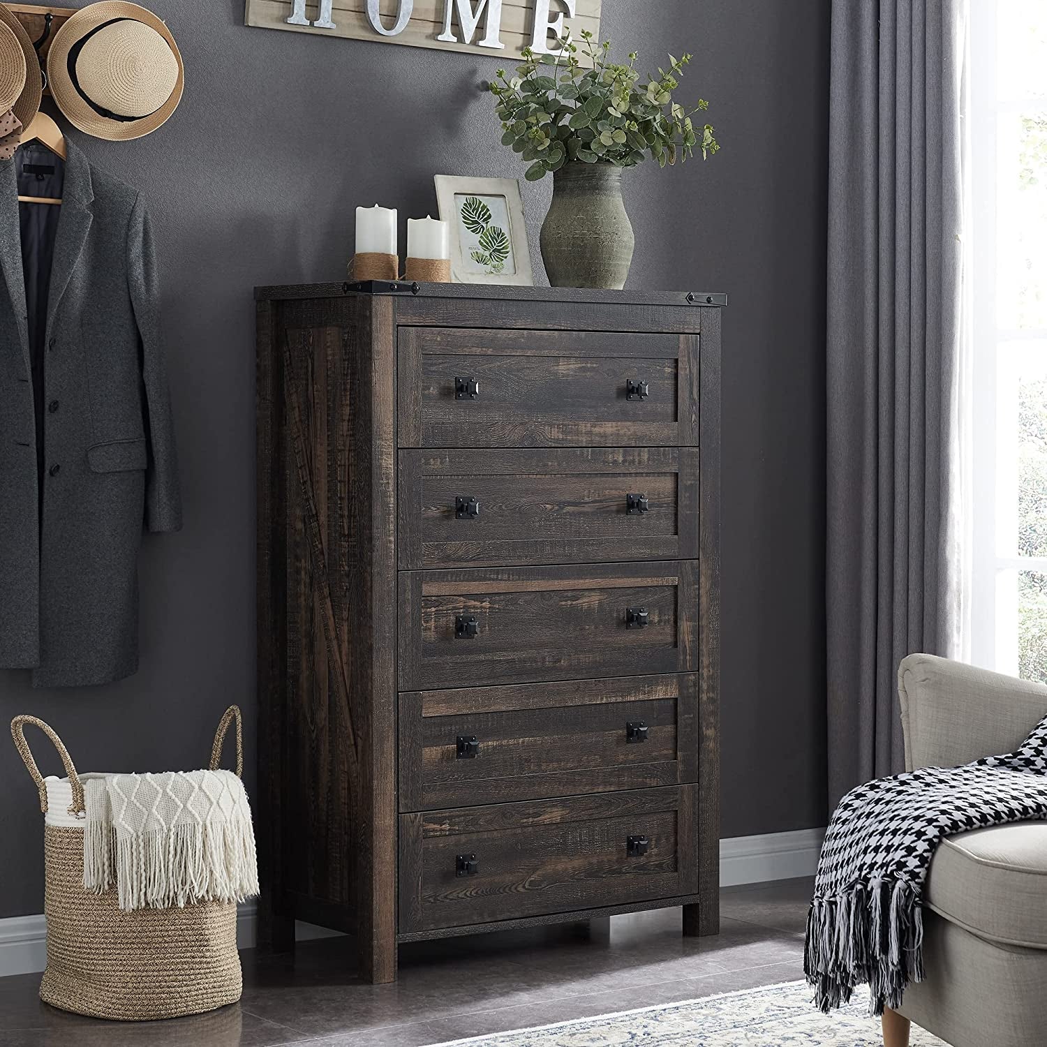 Dark Rustic Oak Five Drawer Dresser Bedroom Storage