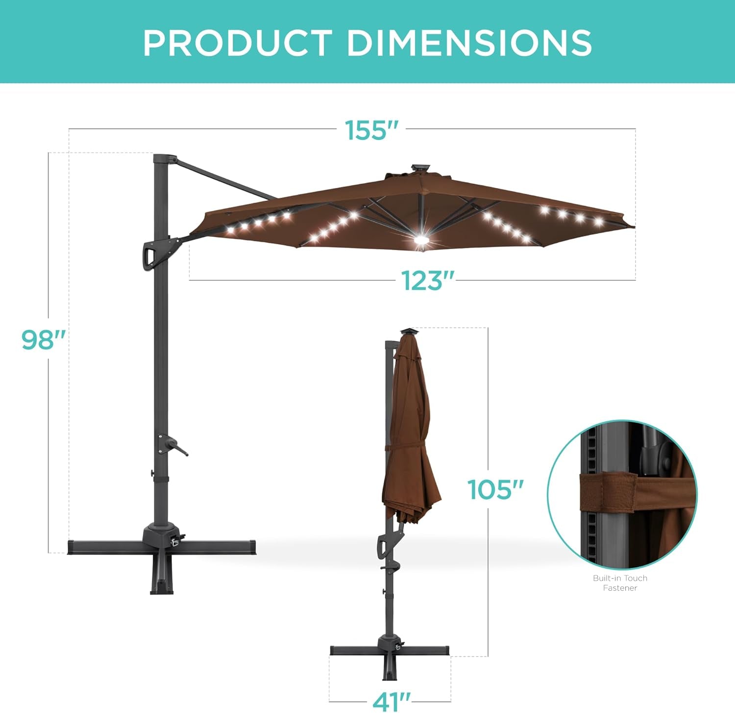 10Ft Solar LED Cantilever Patio Umbrella With 360 Degree Rotation And Integrated Lights