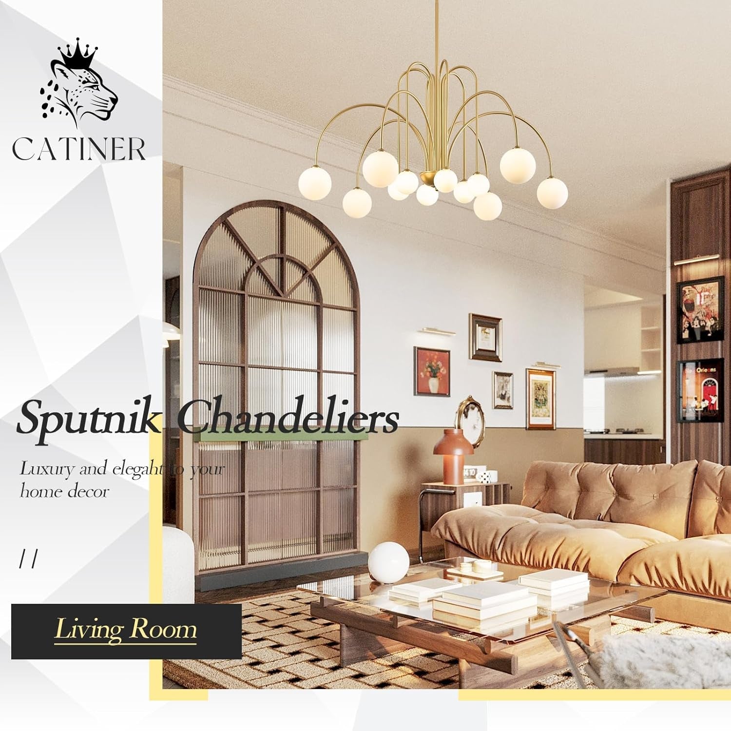 Gold Sputnik Chandelier 52 Inch Radiant Milk Glass Shades-4