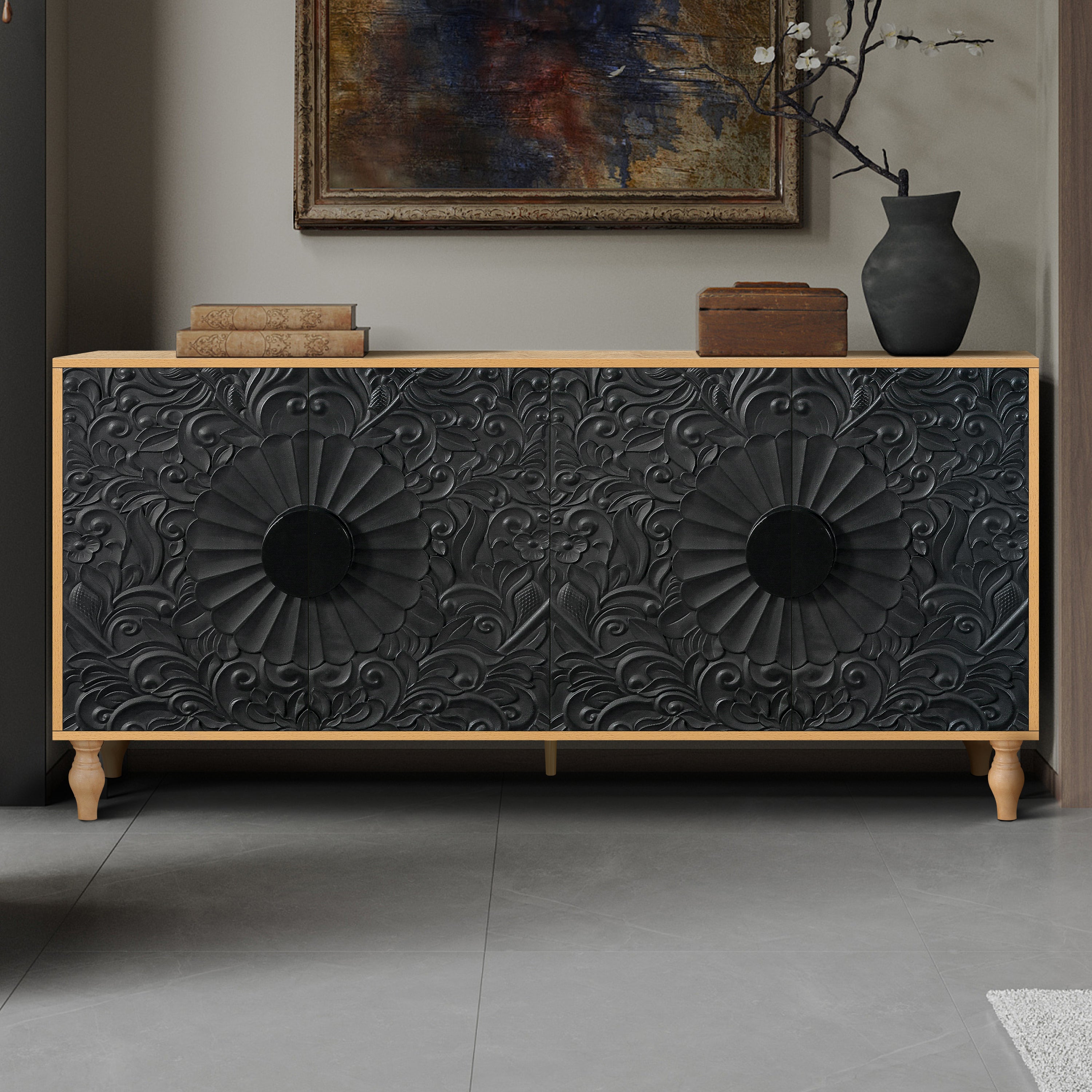 Black Carved Symmetrical Design Door And Wood Coloured Frame TV Stand